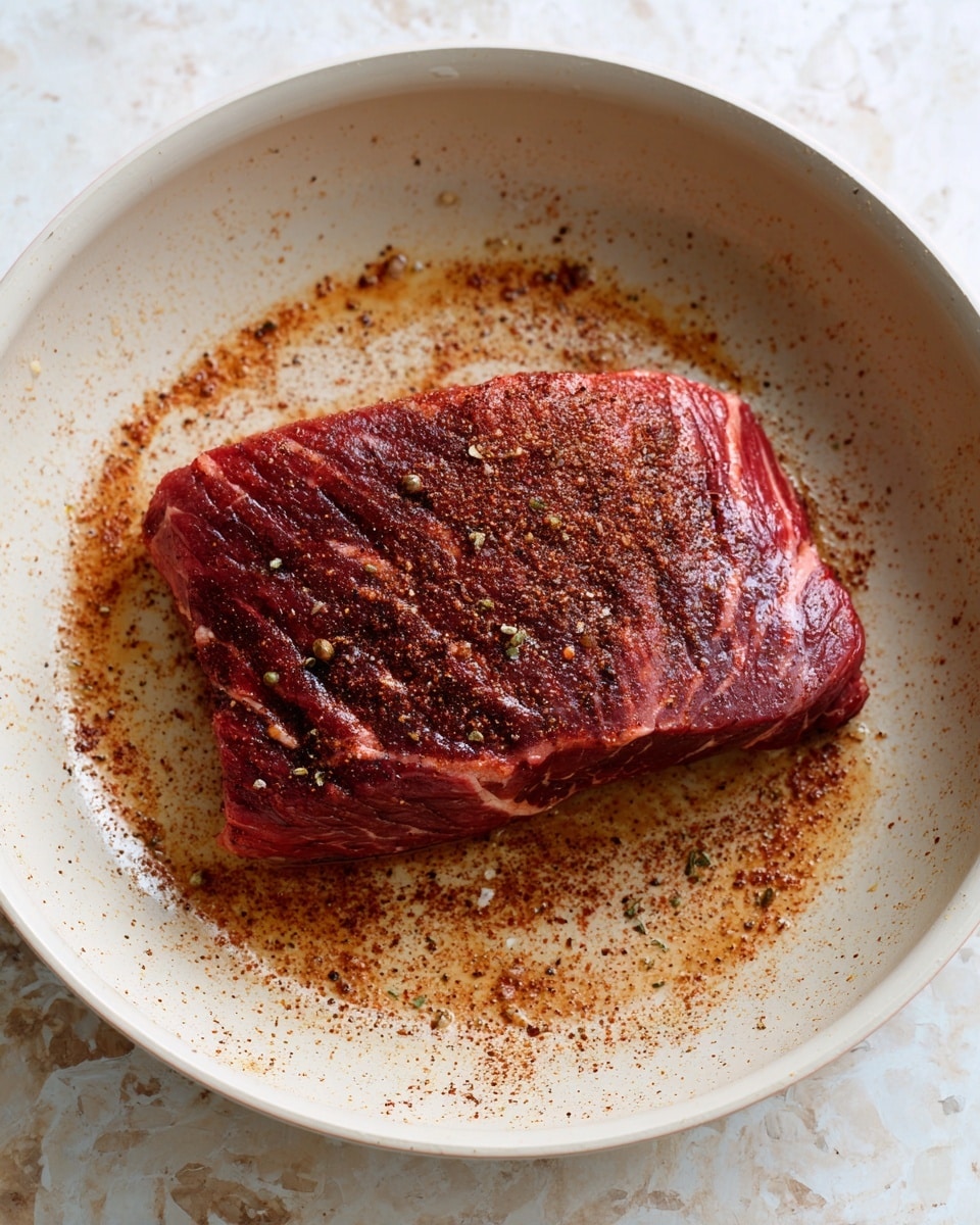 A single thick piece of raw steak sits in a white pan with a light beige inside. The steak is covered with a dark reddish-brown spice rub that is unevenly spread, creating a textured look with salt and herb bits visible on the surface. The meat shows marbling with thin white fat veins running through the deep red flesh, and the pan has some light brown cooking marks around the meat. The background is a white marbled texture photo taken with an iphone --ar 4:5 --v 7