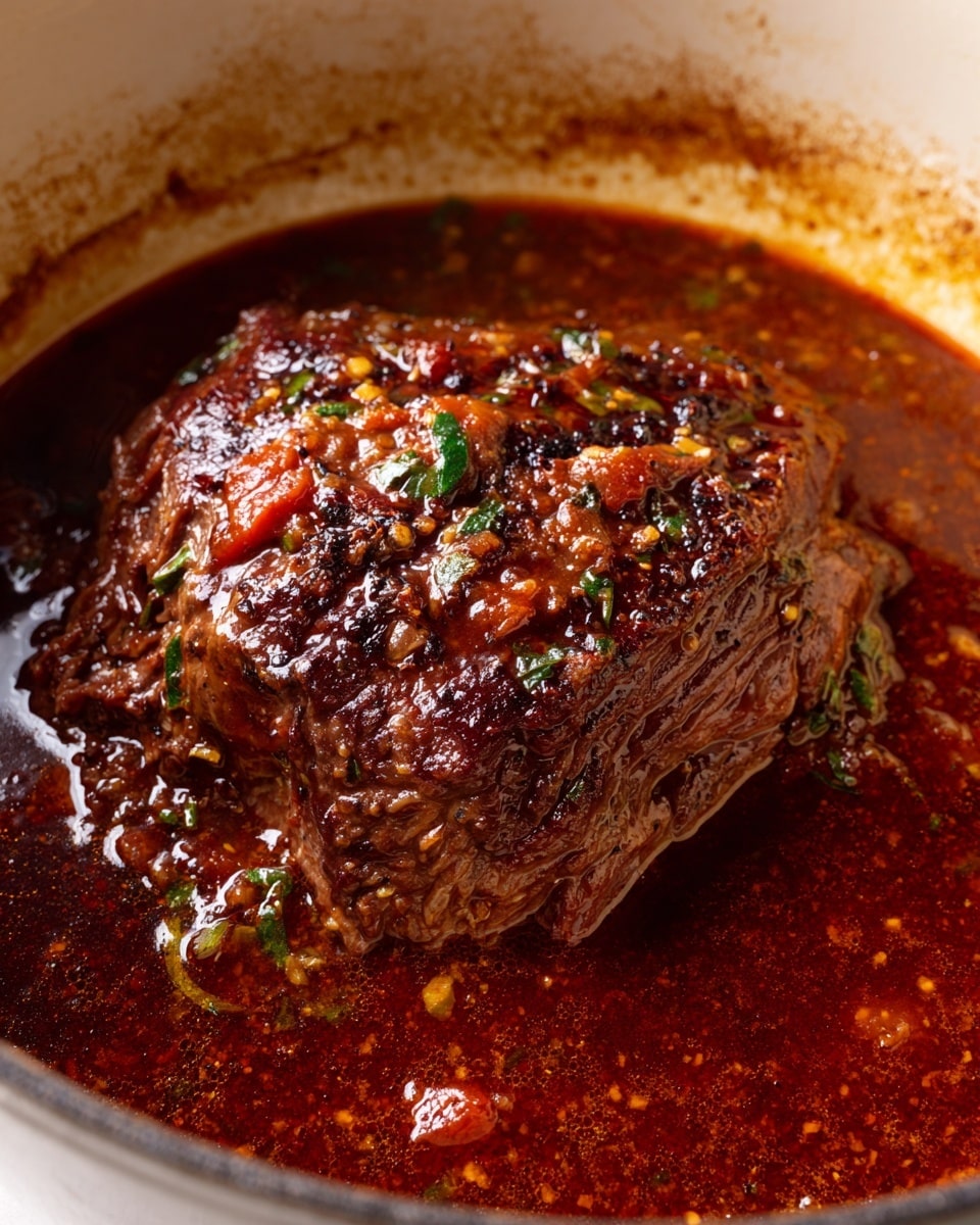 A single large piece of cooked beef sits in the center of a white pot, covered in a thick, dark reddish-brown sauce with visible chunks of tomatoes and small green vegetable pieces scattered throughout. The beef has a slightly charred texture on top, and the sauce around it looks rich and hearty, with a glossy finish. The edges of the pot show some browned residue from the cooking process. The scene is shown up close, focusing on the textures and colors of the meat and sauce, with a white marbled surface softly visible around the pot’s edge. photo taken with an iphone --ar 4:5 --v 7