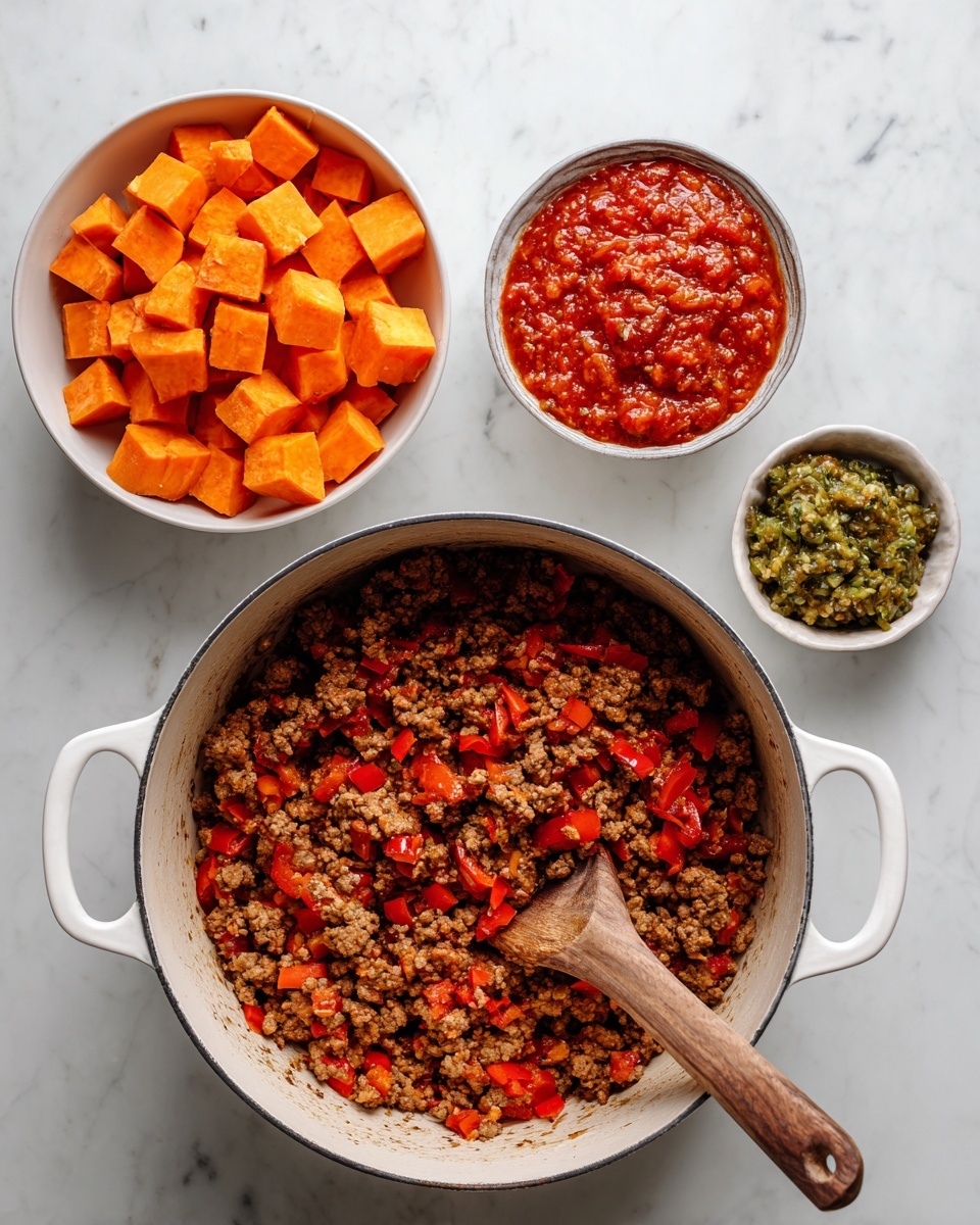 The image shows a white pot filled with cooked ground meat mixed with finely chopped red bell peppers and onions, with a wooden spoon resting inside. Above the pot, there are three white bowls: the largest one on the left contains a pile of cubed orange sweet potatoes, the middle bowl has a thick red sauce with visible tomato chunks, and the smallest bowl on the right holds green chunky relish. All items are arranged on a white marbled surface. Photo taken with an iphone --ar 4:5 --v 7