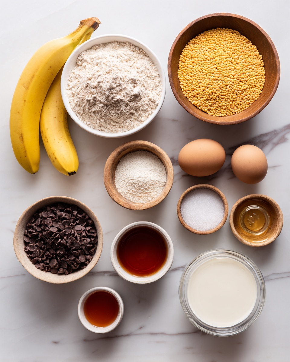 The image shows an arrangement of various raw ingredients on a white marbled surface. There are two whole bananas and two brown eggs placed near a white bowl filled with small yellow lentils. Above this, a wooden bowl holds a light beige flour, while three smaller wooden bowls contain white powders of different kinds, likely baking powder, baking soda, and salt. A clear glass bowl with honey and another with a clear liquid are also present. A white bowl filled with small dark chocolate chips sits near a small white cup with reddish-brown liquid, and a clear glass cup holds a white creamy substance. All items are neatly spaced and photographed from above. photo taken with an iphone --ar 4:5 --v 7
