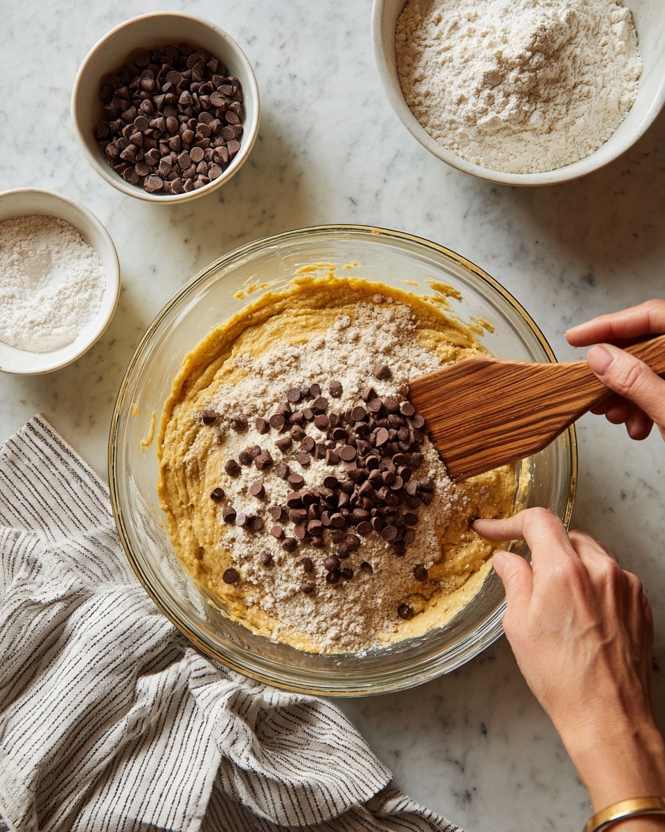 A clear glass bowl sits on a white marbled surface with a striped cloth napkin beside it. Inside the bowl, there is a thick yellowish batter at the bottom, topped by a layer of light brown flour, and sprinkled with small dark brown chocolate chips spread unevenly. A woman's hand is holding a wooden spatula with a flat metal edge, mixing the ingredients gently in the bowl. Above the bowl, two small white bowls rest on the surface, one filled with more chocolate chips and the other with white powder, likely flour. The scene is brightly lit with soft natural light. photo taken with an iphone --ar 4:5 --v 7
