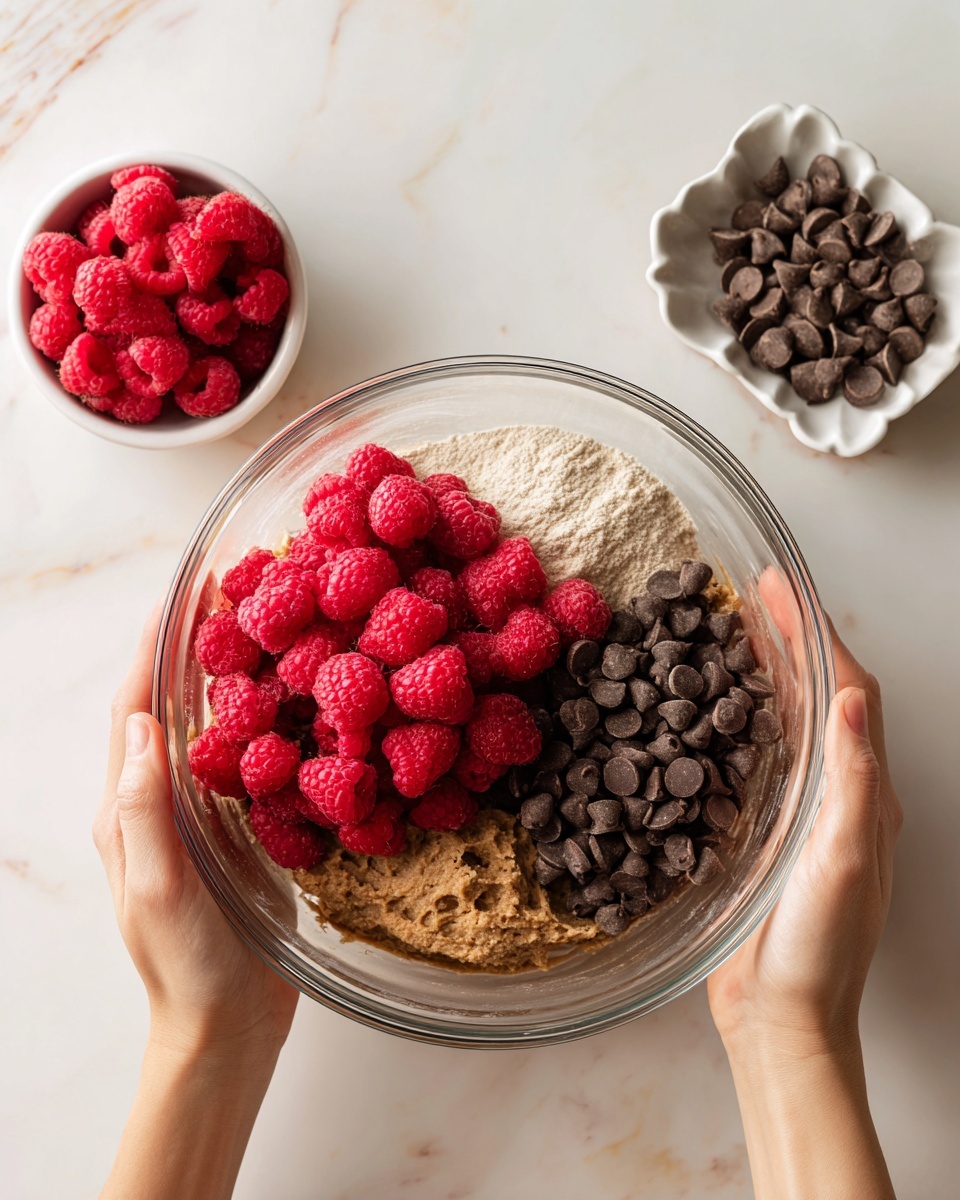 A clear glass bowl held by a woman's hands contains three main layers: a base of brown batter, a large mound of bright red frozen raspberries on the left side, a pile of dark brown chocolate chips to the right of the raspberries, and light tan dry flour spread on the right edge, all sitting on top without mixing. To the top right of the bowl, two small white dishes rest on a white marbled surface—one filled with fresh red raspberries and the other with chocolate chips shaped like small petals. photo taken with an iphone --ar 4:5 --v 7