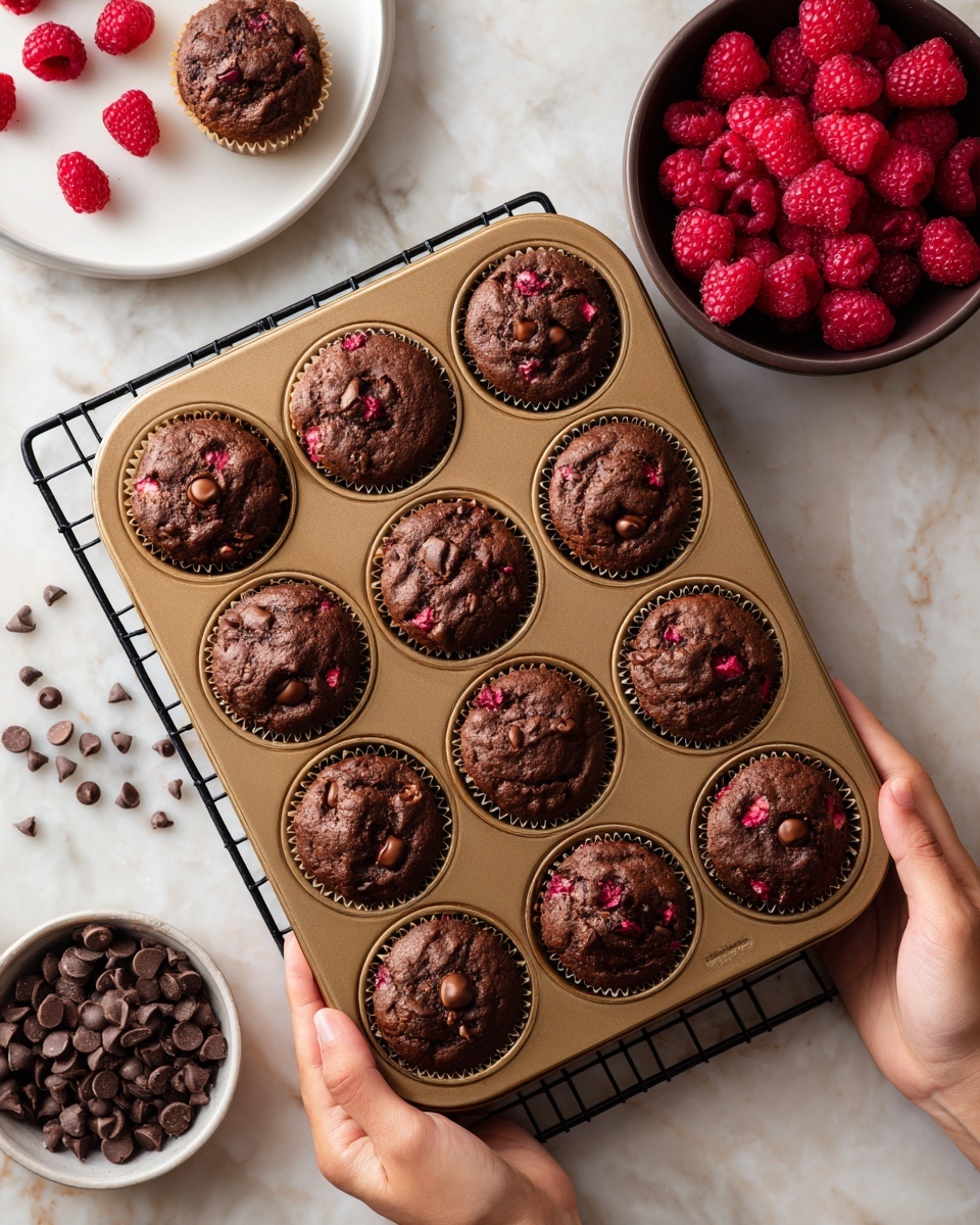 A close-up of a chocolate muffin with visible raspberry pieces inside and chocolate chips scattered on top, showing a rich, slightly cracked dark brown surface with red spots from the berries; the muffin is in a brown paper liner with vertical ridges, sitting on a white marbled surface. Around the muffin are fresh bright red raspberries and a few scattered chocolate chips. In the background, more chocolate muffins and a bowl filled with raspberries are softly blurred, all set on the white marbled surface. photo taken with an iphone --ar 4:5 --v 7