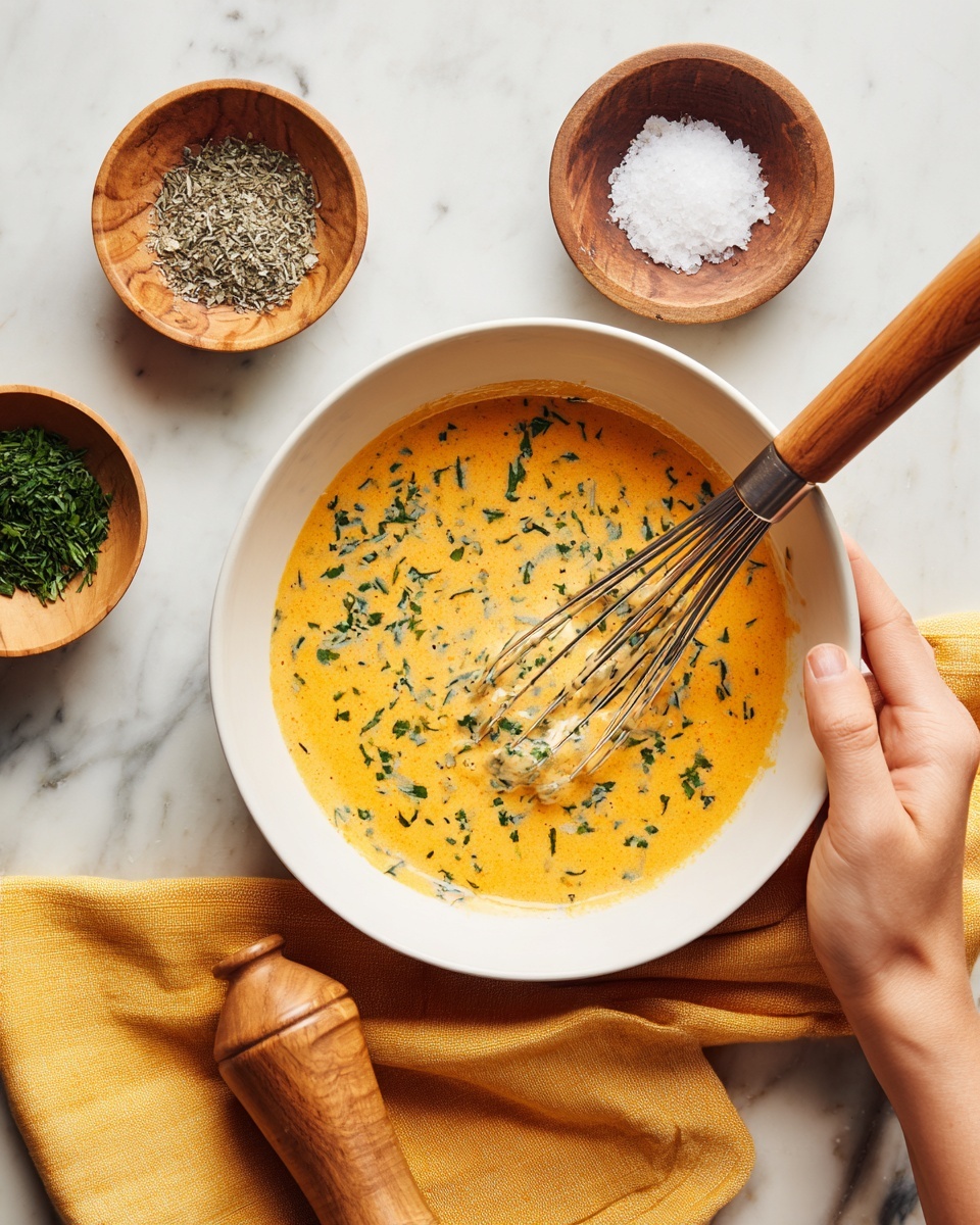 A white bowl holds a mix of light orange creamy sauce with specks of green herbs spread evenly through it; a woman's left hand steadies the bowl from the side while a woman's right hand uses a whisk with a wooden handle to stir. Around the bowl, there are three small wooden bowls—one has coarse white salt, one has dried green herbs, and the last has a white powder. Also, a wooden pepper grinder is seen near the top left. The bowl rests on a yellow cloth, and everything is set on a white marbled surface. Photo taken with an iphone --ar 4:5 --v 7