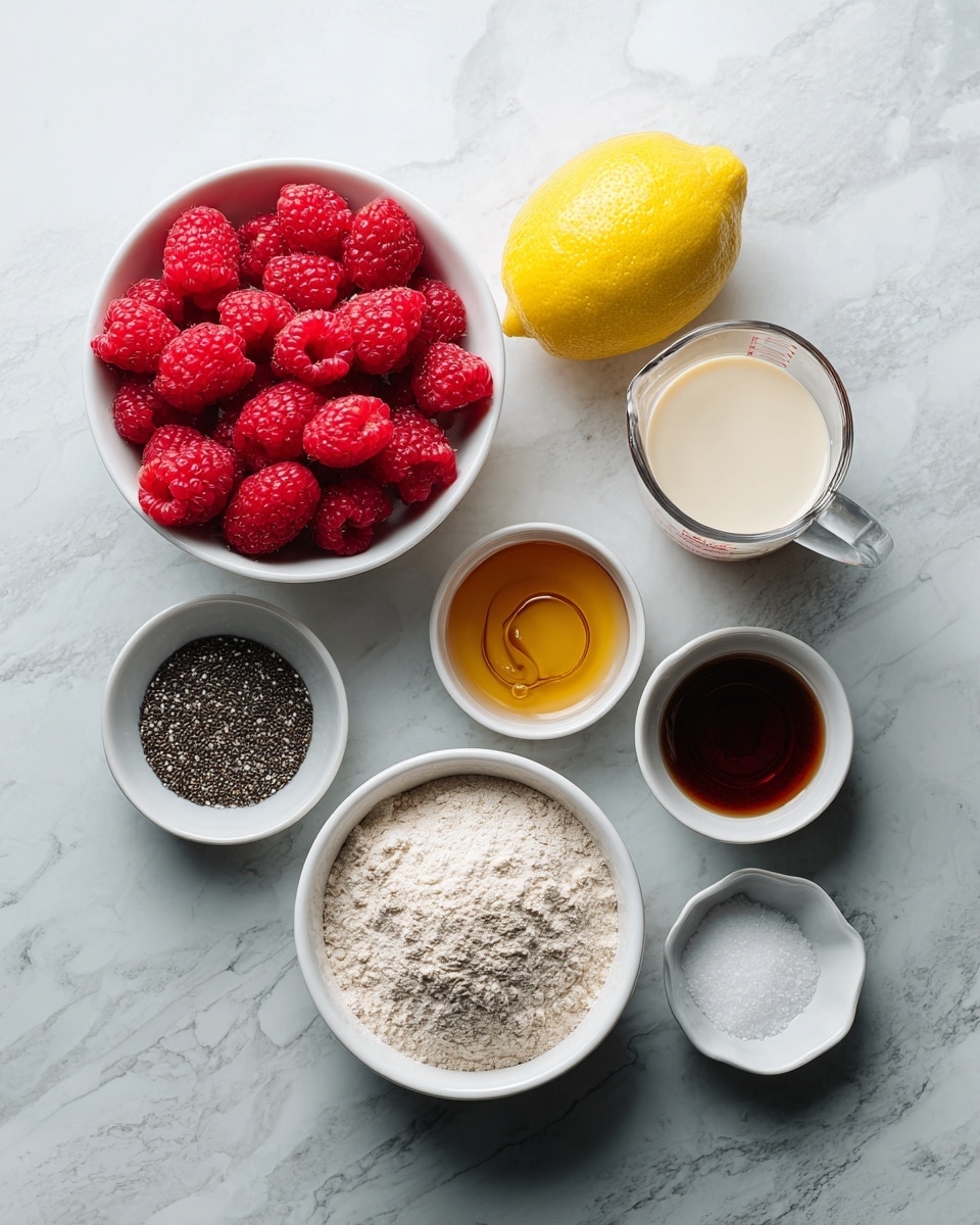 This image shows seven ingredients arranged on a white marbled surface. In the center left, there is a white bowl filled with bright red raspberries. Above it is a half lemon with a bright yellow color, and next to the lemon is a small white bowl with coarse salt. On the right side, there is a clear measuring cup filled with a creamy white liquid. Below the raspberries, a small white bowl holds dark amber honey. To the bottom right, there is a white bowl full of light beige flour, and next to it, a small white bowl contains a dark brown liquid, likely vanilla extract. Above the flour, a white bowl is filled with tiny black chia seeds. The arrangement is neat and clean, and the photo has a soft natural light. photo taken with an iphone --ar 4:5 --v 7