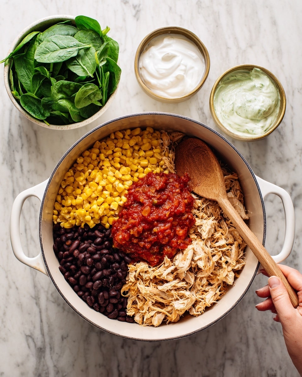In a white pot with two handles, there are four clear sections of food: bright yellow corn on the left, dark brown black beans on the bottom, shredded cooked chicken with a light beige color on the right, and a chunky red salsa sauce in the center layered on top. A wooden spoon rests inside the pot against the chicken. Above the pot, there is a white bowl filled with fresh green spinach leaves and a small white bowl holding smooth white cream. A woman's hand is holding the pot handle over a white marbled surface. Photo taken with an iphone --ar 4:5 --v 7