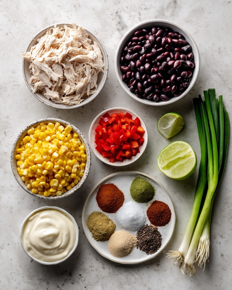 A top-down view of several small white bowls and plates arranged neatly on a white marbled surface, each holding a different ingredient: one bowl contains light shredded chicken with a soft texture; another is filled with shiny, dark black beans; a third has bright yellow corn kernels; next is a bowl with small diced red bell peppers, their surface glossy; a small plate shows an array of colorful spices arranged in separate piles—red, brown, beige, and green with a dry, powdery texture; two lime halves sit beside a small bowl of smooth white sour cream and a smaller bowl of off-white creamy mayonnaise; small bowls of black pepper and white salt are also present; three fresh green onions with white roots lay to the corner. photo taken with an iphone --ar 4:5 --v 7