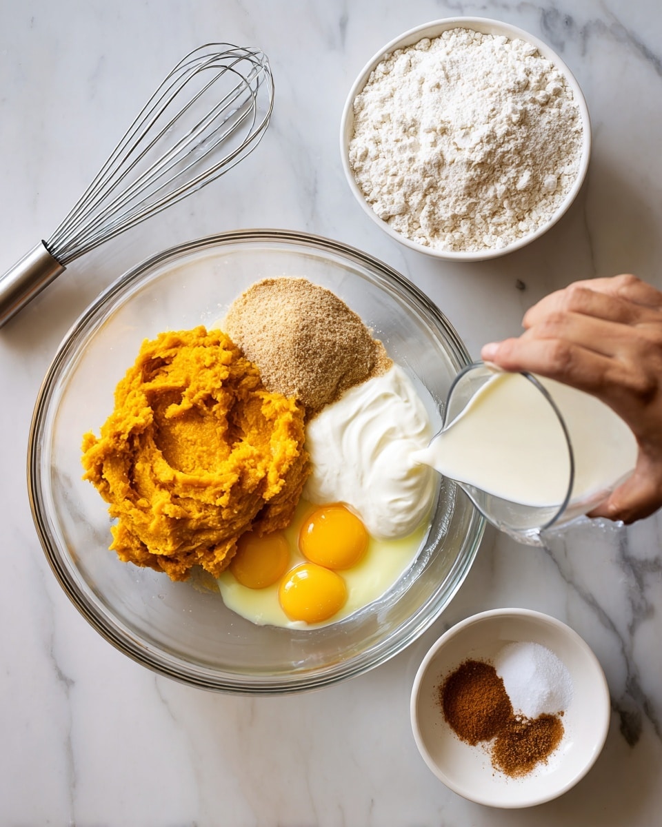 A clear glass bowl sits on a white marbled surface, holding several uncombined ingredients: a large scoop of orange pumpkin puree on the left, two bright yellow egg yolks at the top right, a mound of light brown sugar below the yolks, and thick white cream forming a curved line on the right side of the bowl. A woman's hand pours white milk from a clear glass measuring cup into the bowl from the bottom right corner. Nearby, two small white bowls rest on the marble, one filled with white flour and the other holding a small heap of brown spice and a dusting of white powder. A metal whisk is placed to the upper left side. photo taken with an iphone --ar 4:5 --v 7
