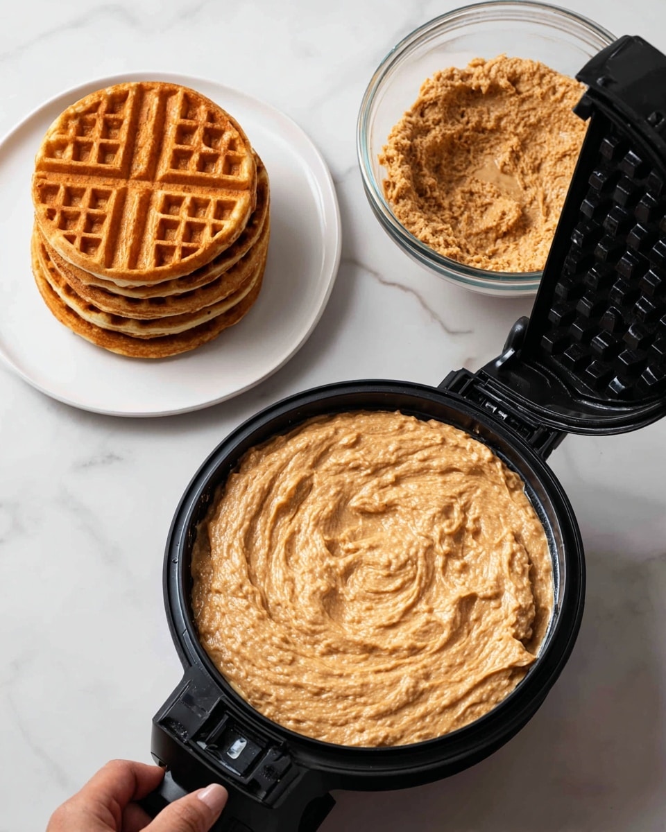 A woman's hand is spreading thick, textured light brown waffle batter evenly inside a black waffle maker, showing thread-like patterns on the inside. Next to the waffle maker is a clear glass bowl containing more of the same batter with a lumpy texture. Above the waffle maker is a stack of two round, golden-brown cooked waffles placed on a white plate. All items are on a white marbled surface, giving a clean and bright look. photo taken with an iphone --ar 4:5 --v 7