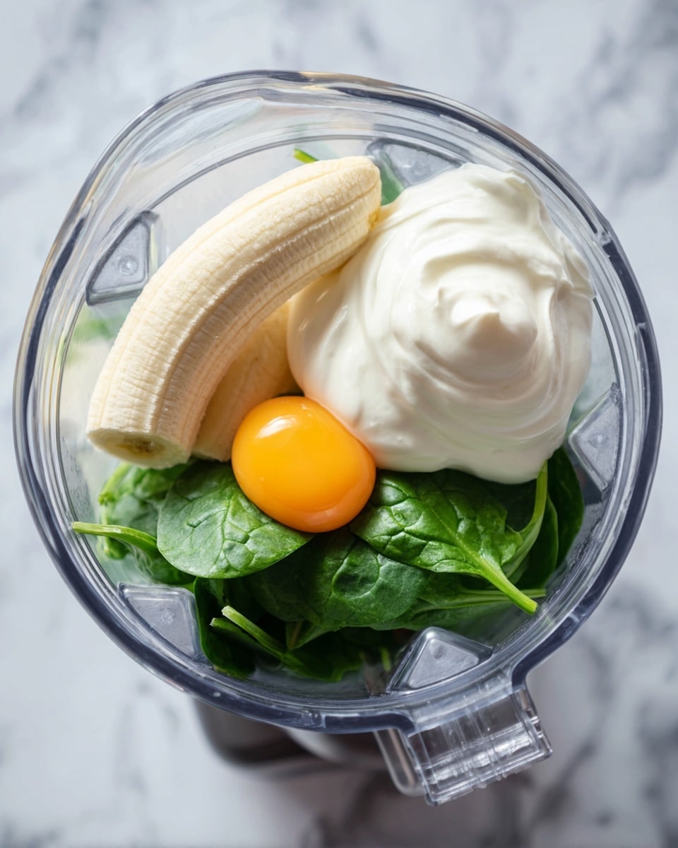 Inside a clear blender jar held by a woman's hand, there are four main layers of ingredients. The bottom layer shows fresh green spinach leaves, fresh and bright. On top of the spinach, a whole peeled banana is placed slightly leaning toward one side, showing its smooth, pale yellow color. Next to the banana, a raw egg yolk sits in its orange-yellow round shape, shining. Overlapping part of the banana and egg is a large dollop of thick white yogurt with a creamy, smooth texture. The blender lid sits nearby on a white marbled surface. photo taken with an iphone --ar 4:5 --v 7