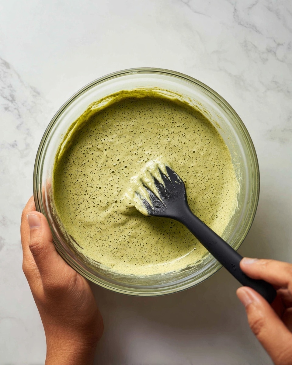 A clear glass bowl holds a thick, light green mixture with a slightly grainy texture and small bubbles on the surface. A black spatula is stirring the mixture on the right side of the bowl, showing the creamy consistency. Below, a woman's hand is steadying the bowl on a white marbled surface. Photo taken with an iphone --ar 4:5 --v 7