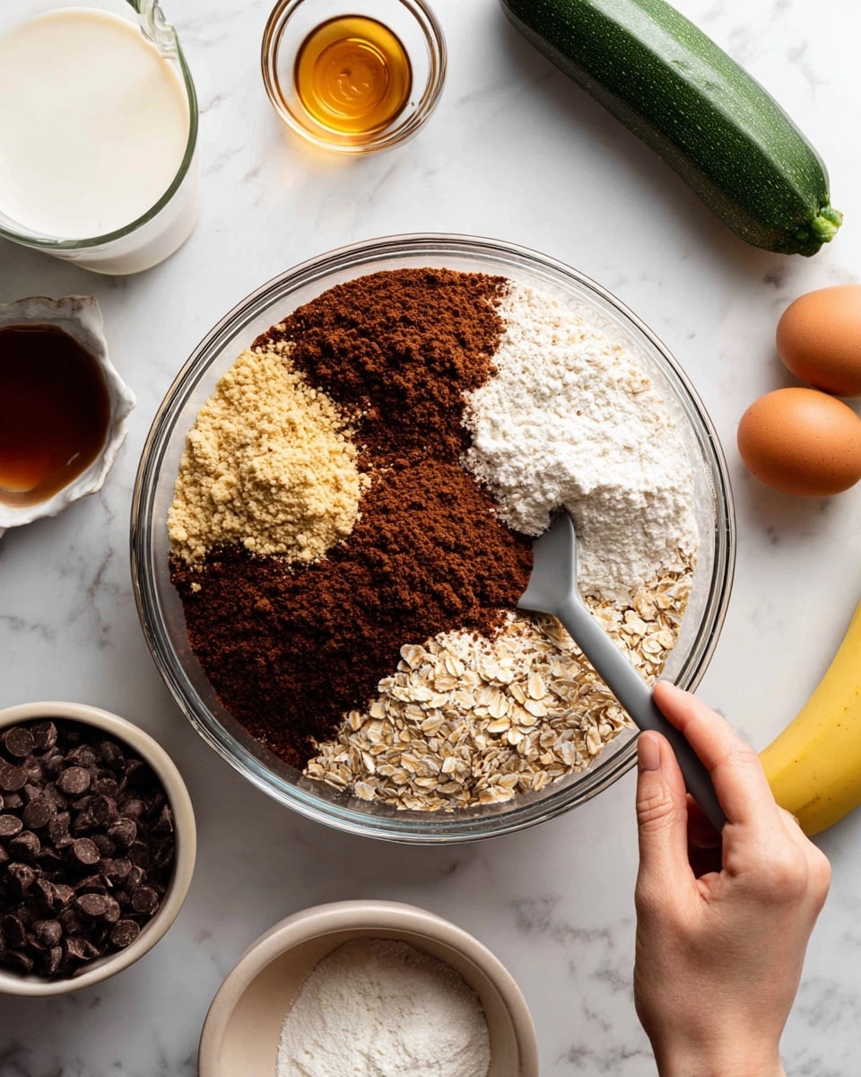 A clear glass bowl is held by a woman's hand at the bottom left while another woman's hand stirs a mix of dry ingredients inside with a gray spatula. The bowl contains five visible layers arranged in sections: light tan almond flour on top, deep brown cocoa powder on the left, medium brown cinnamon powder next to the cocoa, white baking powder below the cinnamon, and a lighter color of rolled oats covering the bottom right. Surrounding the bowl on a white marbled surface are two brown eggs, a small glass bowl with golden syrup, a small glass bowl with dark liquid, a whole green zucchini, a white measuring cup filled with milk, a white bowl with chocolate chips, and a yellow banana. photo taken with an iphone --ar 4:5 --v 7