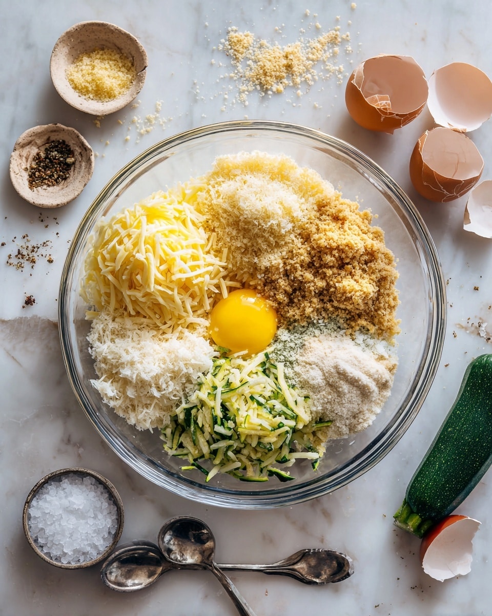 A clear glass bowl sits on a white marbled surface, filled with six different layers of ingredients. Starting from top left and moving clockwise, there is a large pile of light yellow shredded cheese, a bright yellow whole egg yolk with clear surrounding egg white slightly mixing into the other ingredients, a heaping pile of light tan breadcrumbs, a small heap of light brown seasoning powder, a medium pile of finely shredded white cheese, and a large mound of green grated zucchini with dark green skin bits visible. Surrounding the bowl are two cracked brown eggshells on the upper right, a piece of zucchini, two silver spoons with scattered seasoning and crumbs, and a small clear bowl filled with white coarse salt. Photo taken with an iphone --ar 4:5 --v 7