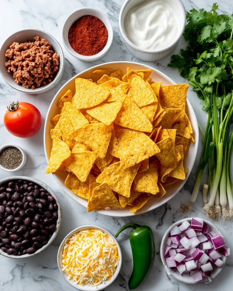 The image shows a white bowl full of yellow corn tortilla chips placed in the center on a white marbled surface. Surrounding the bowl are separate small white bowls and loose ingredients placed evenly. The ingredients include ground meat in a small bowl, white sauce in another, red powder in a small container, black beans in another bowl, shredded white cheese in a small bowl, and white sour cream in a small bowl. Loose green onions with purple bulbs are placed on the right side, and on the left is fresh cilantro, a green jalapeño, and a small red tomato. photo taken with an iphone --ar 4:5 --v 7