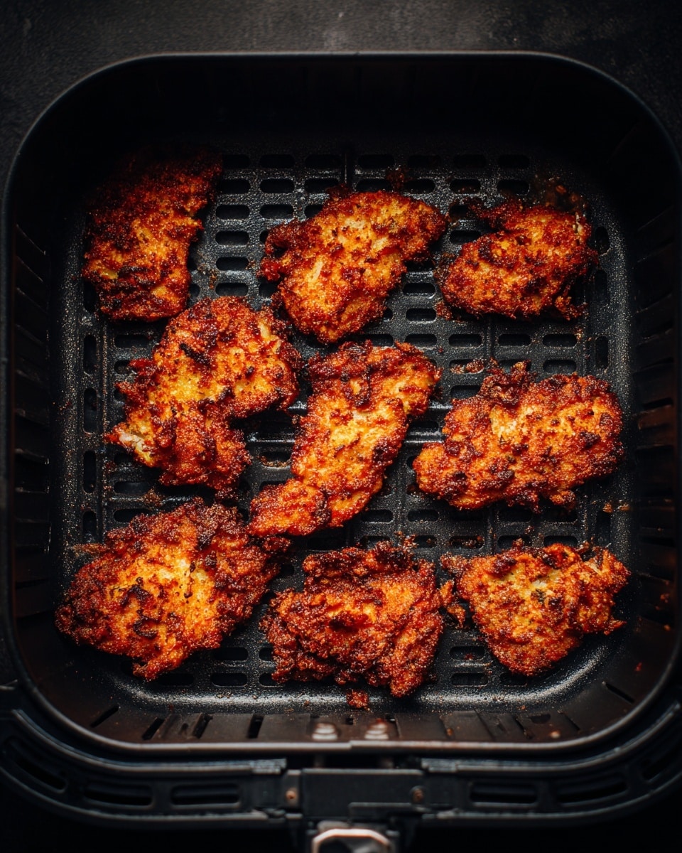 Inside a black air fryer basket, there are eight pieces of cooked crispy food placed on the grill tray. The pieces vary in size and shape, with a rough, crunchy texture and a dark reddish-brown color that shows the crispiness. The basket background is black with small holes and ridges, suggesting heat circulation. The food pieces are unevenly spread across the basket surface, highlighting the different shapes and textures. photo taken with an iphone --ar 4:5 --v 7