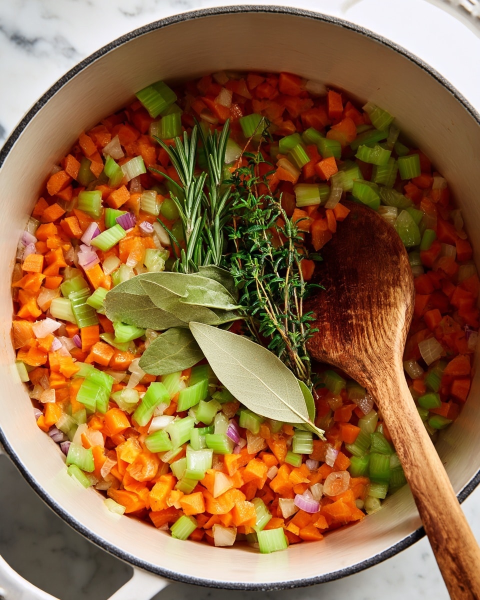 A white cooking pot filled with a mix of finely chopped orange carrots, green celery pieces, and small bits of purple onion, all spread evenly across the pot. There are also fresh green herbs, including rosemary sprigs and bay leaves, placed on top of the vegetables. A wooden spoon with a visible grain pattern rests on the right side inside the pot, partially stirring the vegetables. The pot is on a white marbled surface. photo taken with an iphone --ar 4:5 --v 7