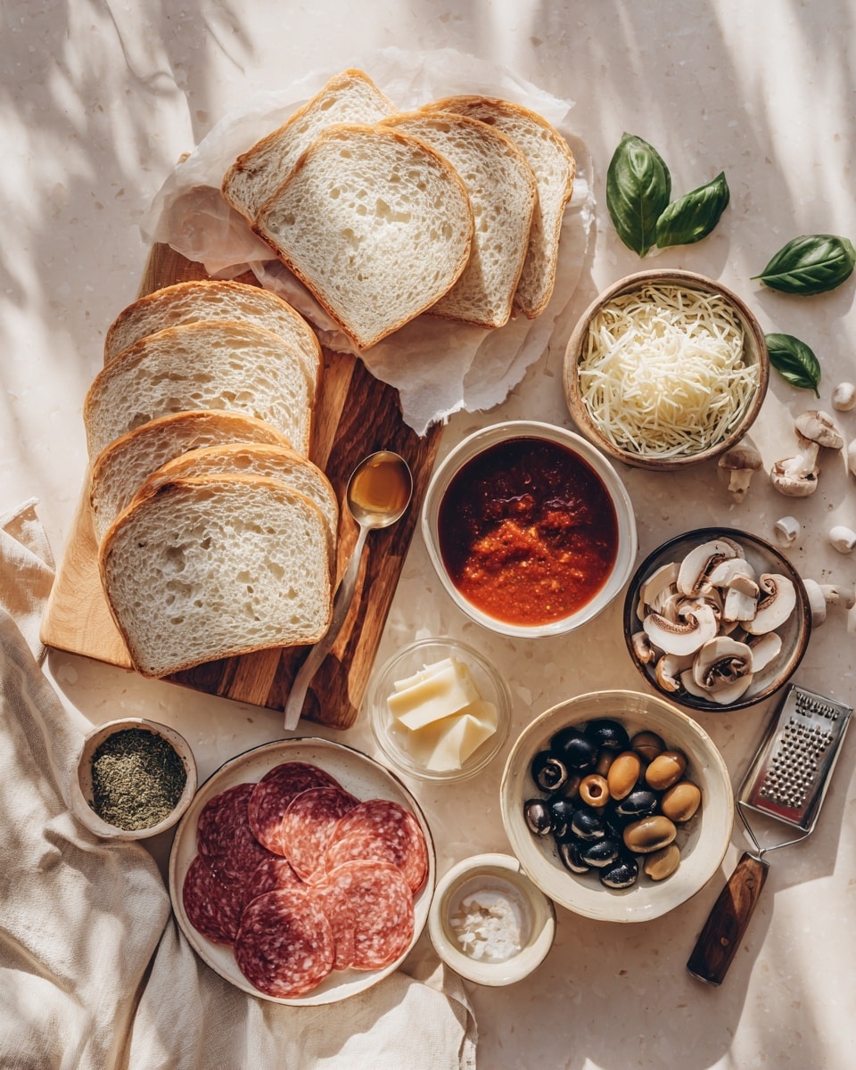 The image shows four slices of white bread on a white baking tray, each topped with a base layer of bright red tomato sauce spread evenly. On top of the sauce, there is a layer of shredded white cheese scattered across each slice. Over the cheese, several round slices of reddish-pink sausage are placed, some overlapping slightly, and the whole setup is sprinkled with green dried herbs. A woman's hand is adding sausage slices to the bottom left slice. Surrounding the tray are different small white bowls with patterned interiors, one containing more cheese, one with tomato sauce and a spoon inside, a third bowl holding some herbs, and a fourth with extra sausage slices. The tray is set on a white marbled surface with a red-striped white cloth on the left side. photo taken with an iphone --ar 4:5 --v 7