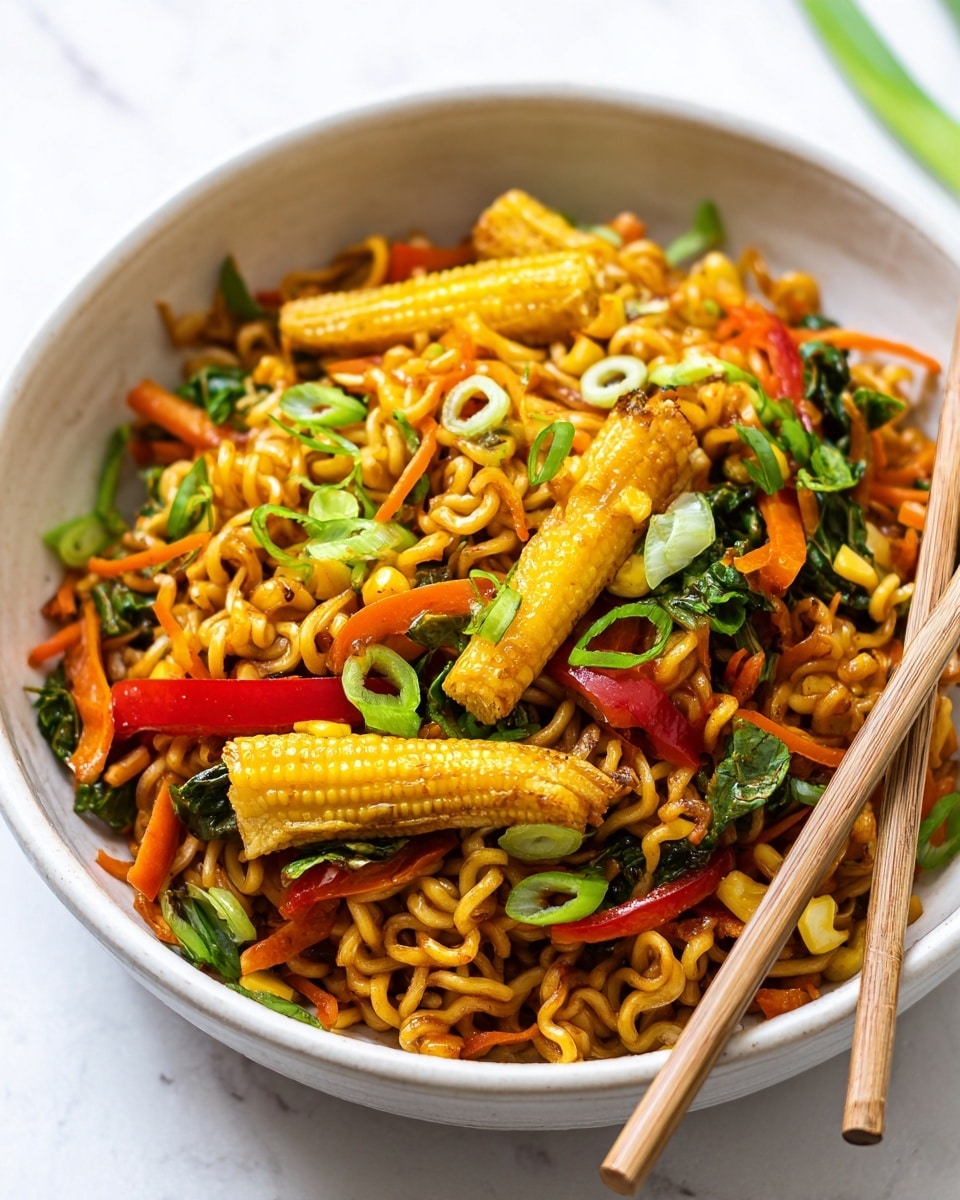A white bowl filled with a colorful vegetable noodle stir-fry sits on a white marbled surface. The dish has three main layers: the base layer is golden curly noodles, mixed throughout with bright orange carrot threads and green chopped leafy vegetables. On top, several baby corn pieces lie across the noodles, adding a pale yellow color and ridged texture. Thin slices of red bell pepper and green onion rings are scattered on the surface, providing pops of red and green. A pair of light wooden chopsticks rests across the front rim of the bowl, pointing inward with their tips touching the noodles. photo taken with an iphone --ar 4:5 --v 7