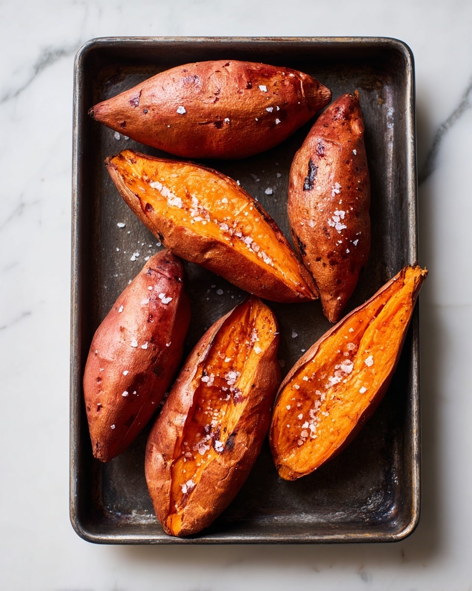 A dark metal baking tray holds five roasted sweet potatoes with shiny reddish-brown skins, some showing slight grill marks and sprinkled with coarse salt. The potatoes are arranged to fill the tray, with one placed vertically on the right side while the others are angled horizontally or diagonally. The tray sits on a bright white marbled surface providing clean contrast to the warm colors of the potatoes. The texture of the potatoes’ skins shows some wrinkling and natural blemishes, highlighting their cooked state. photo taken with an iphone --ar 4:5 --v 7