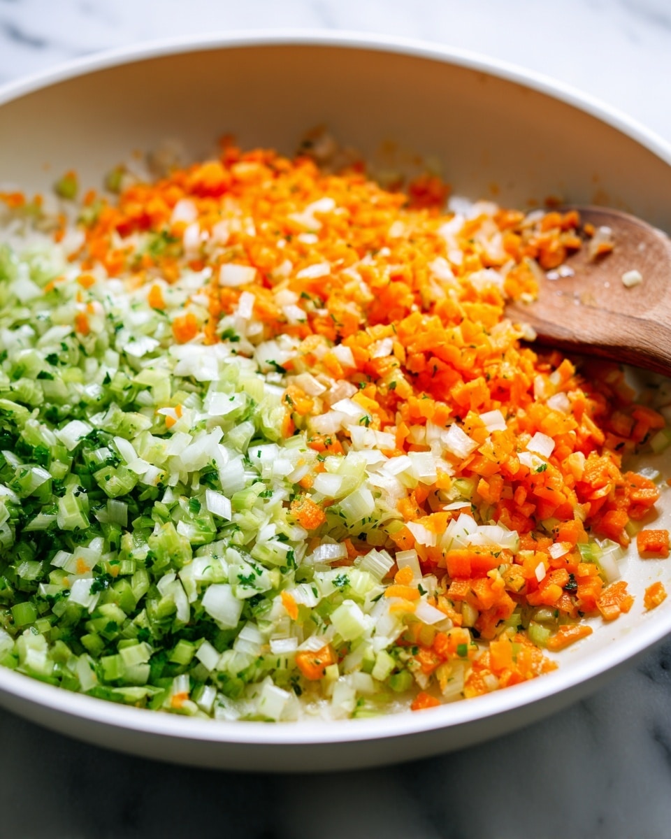 The image shows a white pan with three layers of finely chopped vegetables spread evenly: bright orange carrots, light green celery, and white onions. The vegetables have a fresh and crisp texture with a mix of small cubes. A wooden spoon is visible in the lower right corner, resting against the white pan. The pan's surface has a slight shine from cooking oil. The background is a white marbled texture. photo taken with an iphone --ar 4:5 --v 7