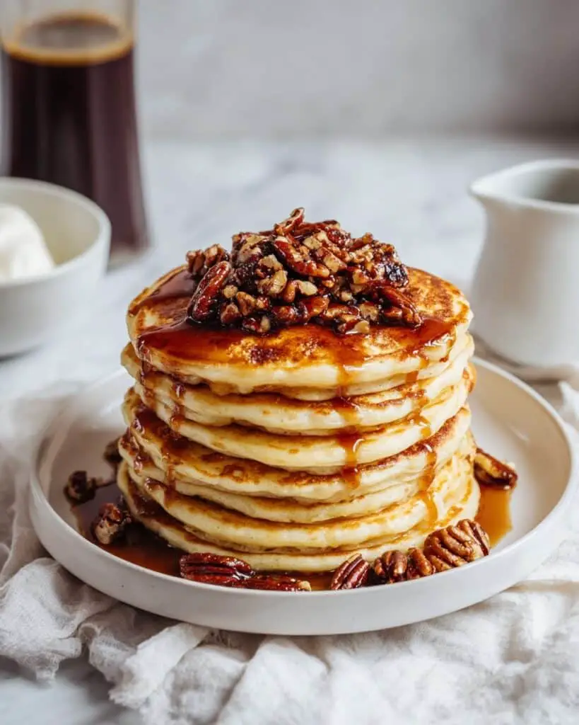 Whole-Wheat Vanilla Pumpkin Pancakes with Salted Caramel and Toasted Pecans Recipe