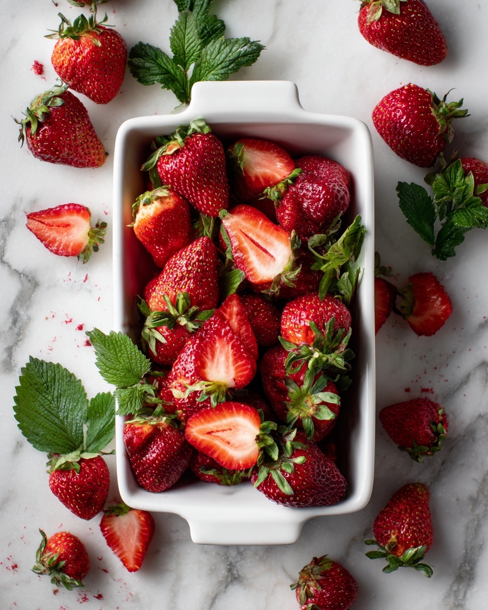 A white rectangular dish filled with fresh strawberries, some whole and some cut in half showing their red inside and seeds, with green leafy tops on many of the strawberries. Around the dish are more strawberries, whole and halved, placed on a white marbled surface. The strawberries are bright red with a slightly shiny texture, and the green leaves add a fresh touch. The composition looks natural and fresh. Photo taken with an iphone --ar 4:5 --v 7