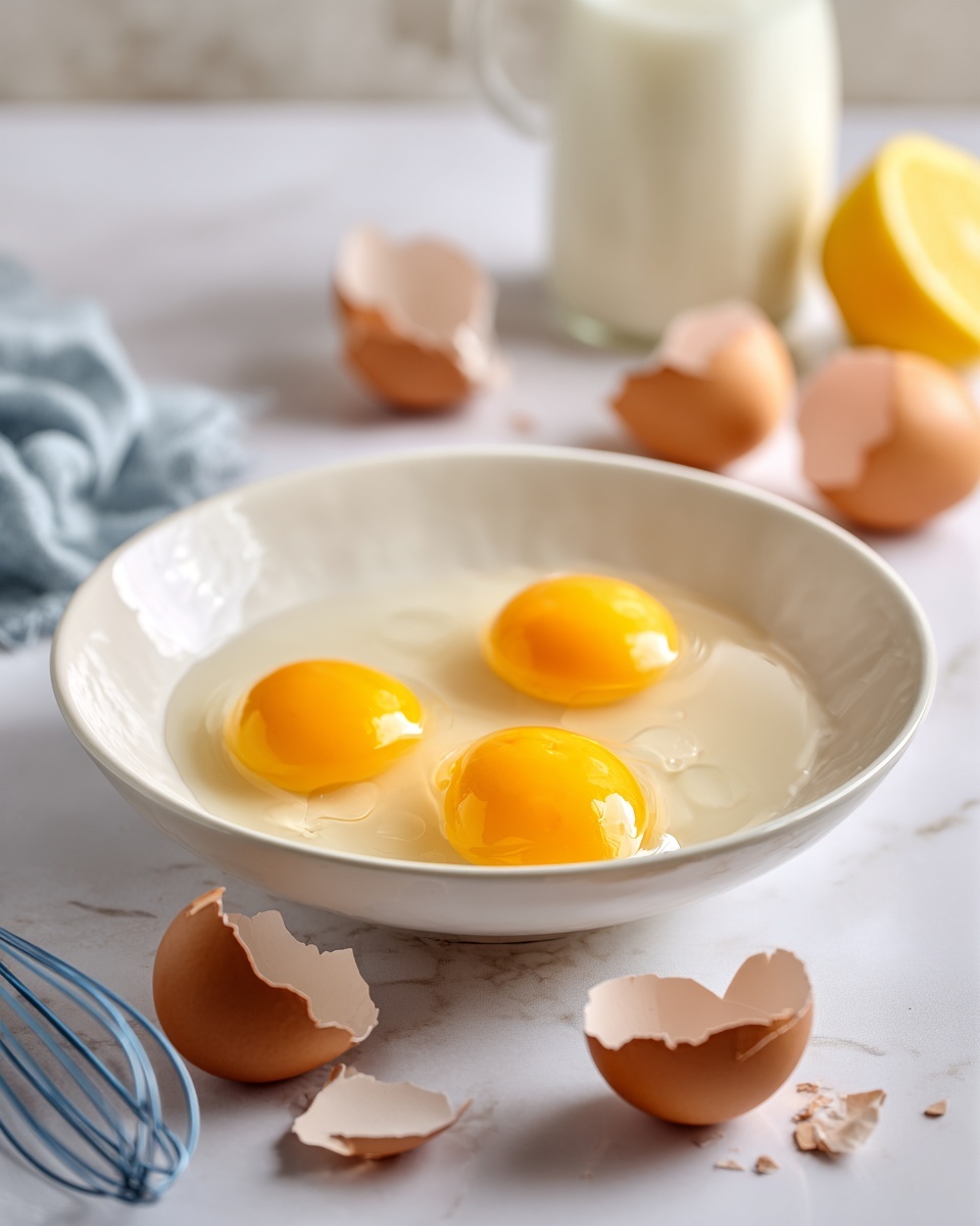 A white shallow bowl on a white marbled surface holds four raw egg yolks with translucent egg whites surrounding them. The yolks are bright yellow and placed near the center, with two yolks closer together at the back and two more spaced out at the front. Scattered around the bowl are broken brown eggshell pieces, and in the blurred background, there is a glass bottle partly filled with milk and a yellow lemon on the right side. A blue whisk is partially visible at the bottom left corner, and the scene has soft natural lighting. Photo taken with an iphone --ar 4:5 --v 7