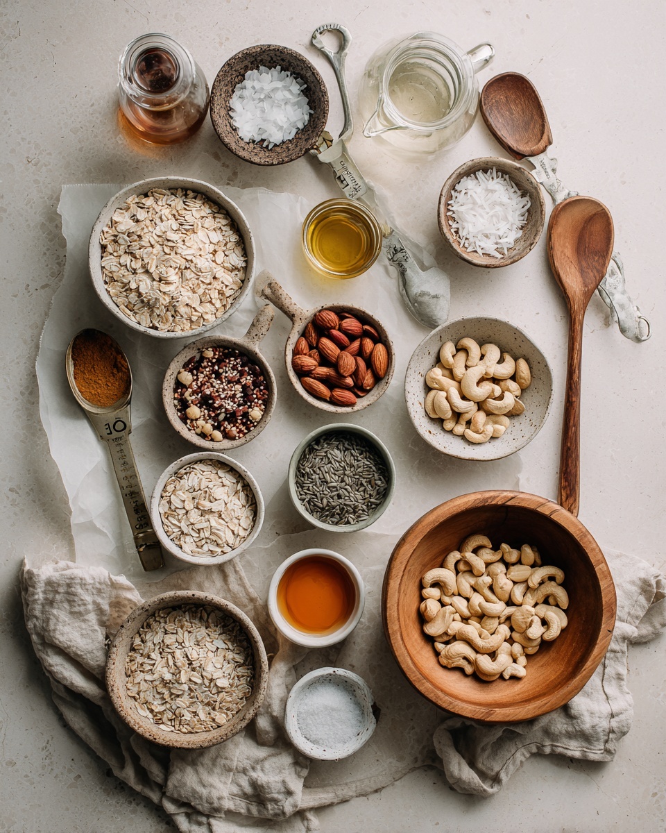 A clear bowl filled with seven different layers of ingredients placed side by side in a circular shape: light brown oats at the bottom, beige sliced coconut flakes to the right, light tan cashew nuts above, dark amber syrup with a glossy texture in the center, a mix of brown flax seeds, white sunflower seeds, and dark pumpkin seeds on the left, whole brown almonds above the seeds, and a cluster of mixed seeds next to the almonds. The bowl sits on a white marbled surface. photo taken with an iphone --ar 4:5 --v 7