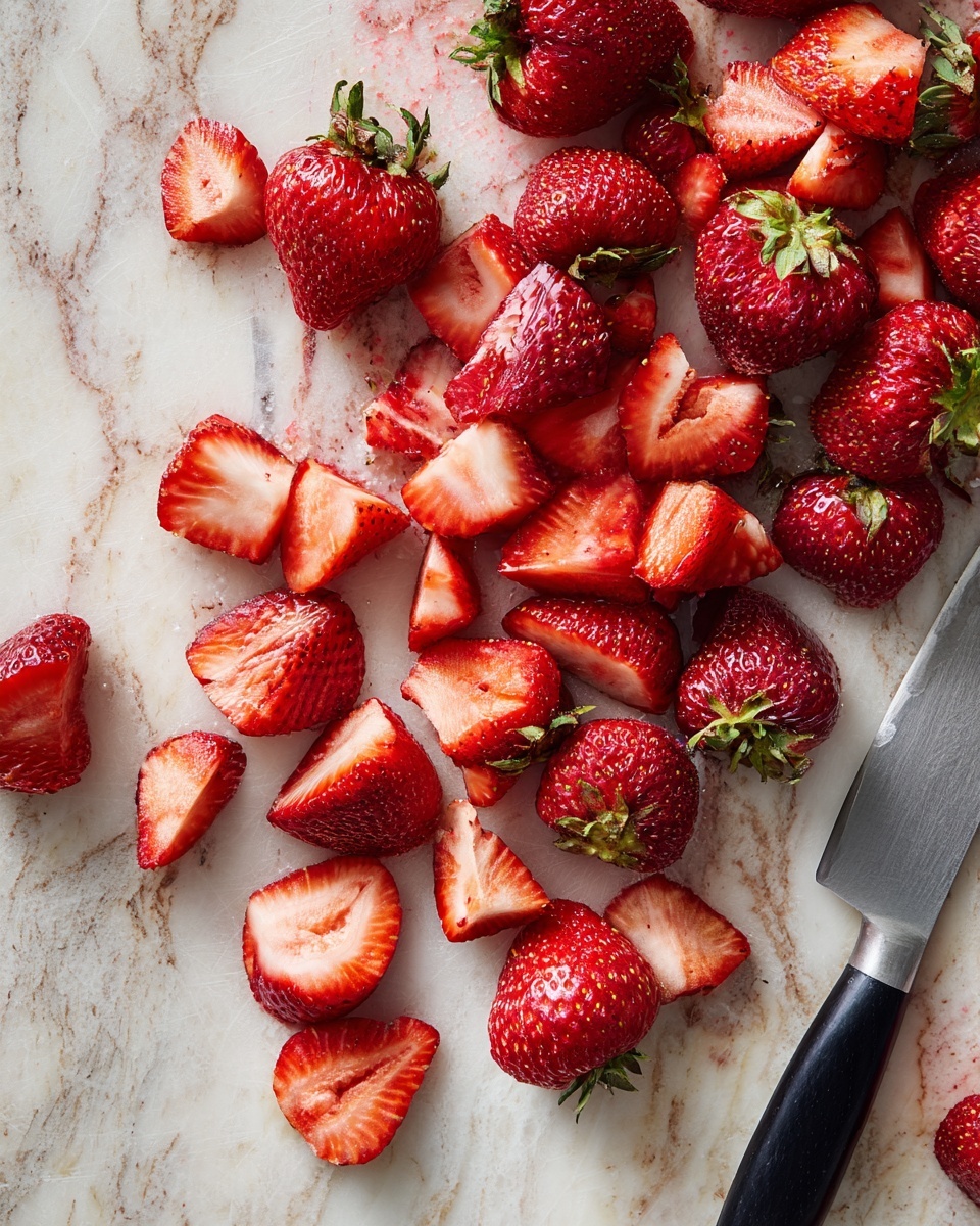 The image shows a mix of whole and sliced strawberries spread on a white marbled wooden surface. The strawberries are bright red with green leafy tops, and the sliced ones reveal their juicy, lighter red inside with a soft texture. A knife with a black handle lies to the right side of the strawberries, its metal blade reflecting some light. The overall look is fresh and simple, with the strawberries arranged in a casual way. photo taken with an iphone --ar 4:5 --v 7