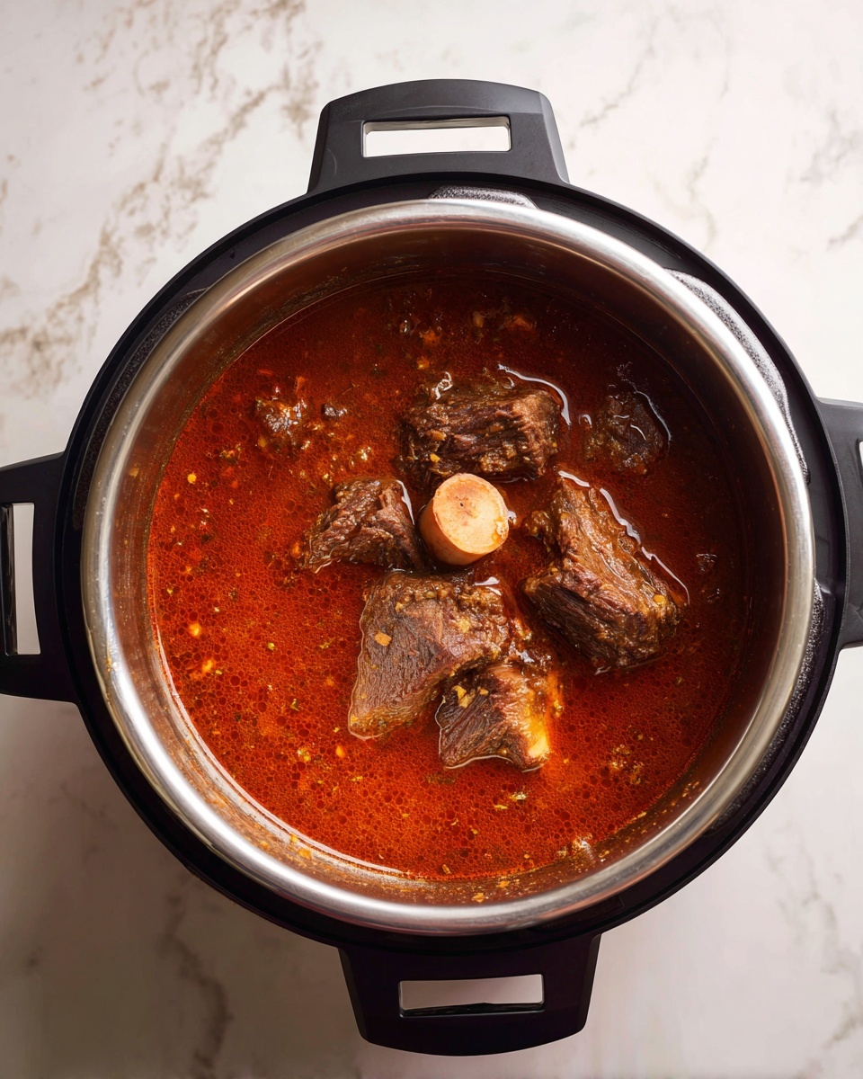 A large silver pressure cooker filled with a thick, rich, dark red soup with visible pieces of dark brown meat and a round bone in the center. The soup looks warm and hearty, with a slightly oily surface and some small bits floating in the broth. The pressure cooker has black handles and sits on a white marbled surface. photo taken with an iphone --ar 4:5 --v 7