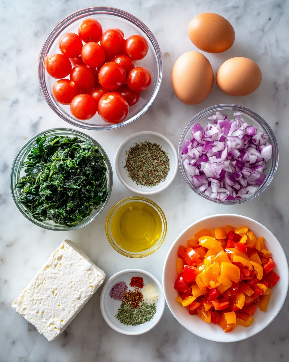 The image shows a white marbled surface with nine ingredients arranged neatly. At the top left is a clear bowl full of bright red cherry tomatoes. To the right are four brown eggs resting directly on the surface. Below the eggs is a small clear bowl of golden olive oil. To the left of that is a medium clear bowl of dark green chopped spinach leaves. Below the spinach is a small clear bowl of chopped purple and white red onions. At the bottom right is a large white bowl filled with bright orange chopped bell peppers. To the left is a small white bowl containing a mix of dried green herbs, black pepper, salt, and red chili flakes. Above that is a tiny clear bowl of minced garlic. At the bottom left corner is a white-wrapped block of feta cheese. Photo taken with an iphone --ar 4:5 --v 7