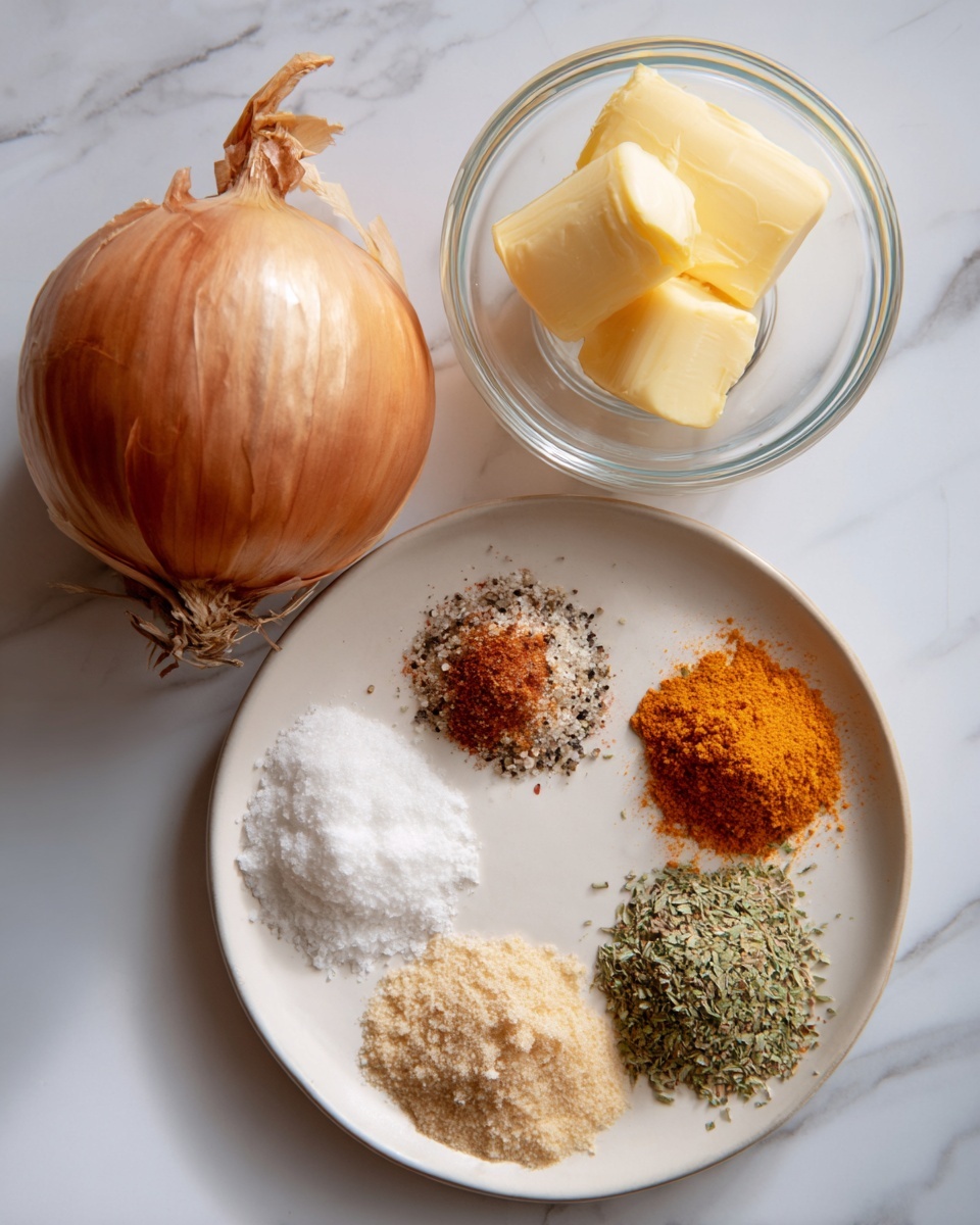 A whole brown onion with dry skin sits near the top left on a white marbled surface. To the right of the onion is a small clear glass bowl holding two yellow butter pieces. Below these items, a white plate holds six neatly separated piles of spices and herbs: coarse white salt at bottom left, black pepper above it, reddish-brown seasoning at top center, white powder to the right, green herbs at bottom right, and orange powder at the bottom center. The scene is clean and bright, with soft natural light and a simple, organized layout. Photo taken with an iphone --ar 4:5 --v 7