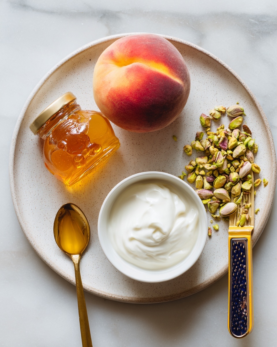 The image shows a white round plate holding a small honey bear bottle filled with golden amber honey on the left, a whole ripe peach with red and yellow skin positioned near the top center, a white bowl filled with smooth white yogurt placed on the right, and a gold spoon with chopped green pistachios on the bottom. Next to the plate on the right side is a flat grater with a yellow frame and a dark blue handle resting on a white marbled surface. Photo taken with an iphone --ar 4:5 --v 7