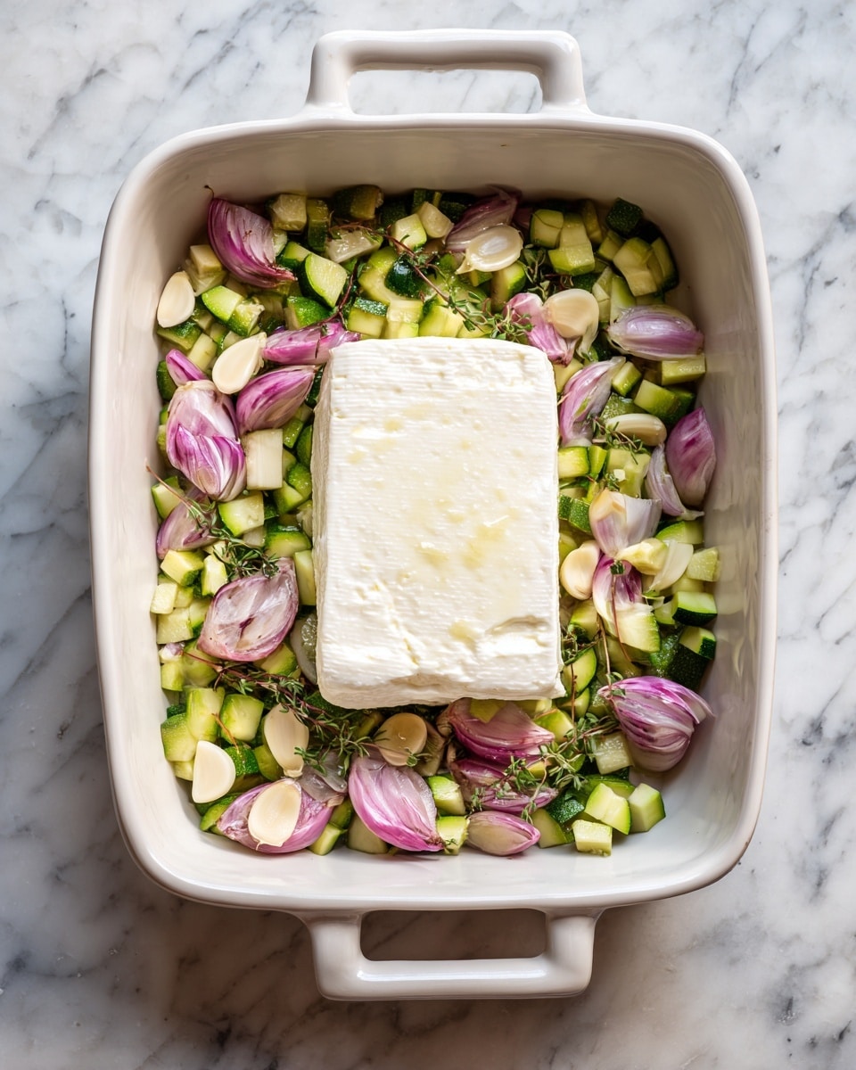 A white rectangular baking dish holds a single block of white cheese in the center, surrounded by a layer of chopped green zucchini pieces and sliced purple shallots scattered evenly around the cheese. Around the edges of the dish, there are a few whole and peeled garlic cloves mixed in with the vegetables. The dish sits on a white marbled surface. photo taken with an iphone --ar 4:5 --v 7