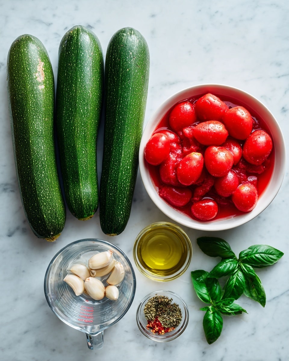 The image shows four whole green zucchinis lined up horizontally on a white marbled surface, with their smooth dark green skin clearly visible. To the upper right side, there is a white bowl filled with whole peeled tomatoes in a red liquid, their bright red color contrasting with the zucchinis. Below the bowl, some fresh green basil leaves lay next to four garlic cloves with a light beige skin and rough texture. Near the center of the image, a clear measuring cup filled with clear water is placed, and next to it are three small glass containers holding coarse white salt, golden olive oil, and mixed dried herbs and red pepper flakes, respectively. The bright natural light enhances the freshness and vibrant colors of all the ingredients. Photo taken with an iphone --ar 4:5 --v 7
