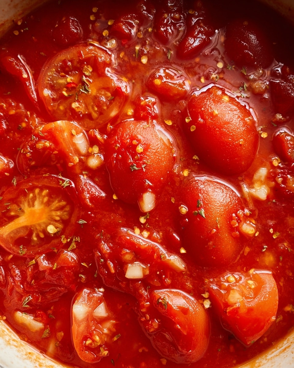The image shows a close-up of a pot with a thick tomato sauce inside, featuring large, peeled whole tomatoes and other tomato pieces floating on the surface. The sauce layer is a mix of red and orange shades with visible small white onion bits, herbs, and tiny chili flakes scattered throughout. The texture appears chunky with some smooth liquid parts and small oil droplets dispersed on the top. The edge of the white pot is visible, with the sauce filling most of the frame. The photo taken with an iphone --ar 4:5 --v 7