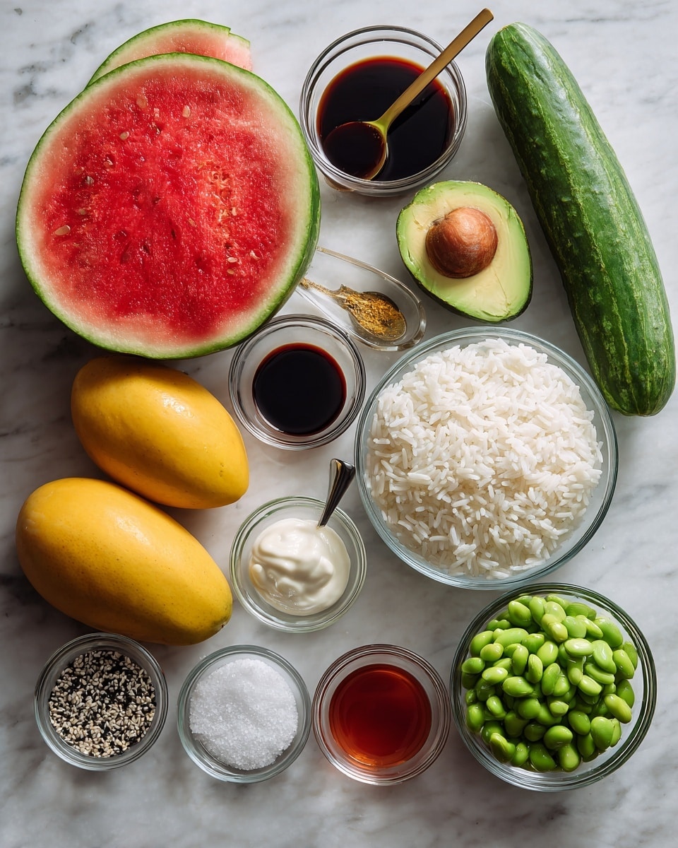 The image shows many ingredients placed on a white marbled surface. There are two halves of a large watermelon with bright red flesh and seeds on the top side. Below the watermelon, there are two ripe yellow mangoes lying side by side. To the right of the watermelon and mangoes, there are two fresh green cucumbers. In the center, there is a clear glass bowl filled with white rice. To the right of the rice, a clear glass bowl contains green edamame beans. Half an avocado with bright green flesh and the brown seed is shown near the watermelon, and another half avocado is seen nearby without the seed. There are several smaller clear glass bowls holding dark soy sauce with a gold spoon, white thick mayonnaise over some red sauce, a light clear liquid, white salt, and black and white sesame seeds arranged around the bowls of main ingredients. photo taken with an iphone --ar 4:5 --v 7