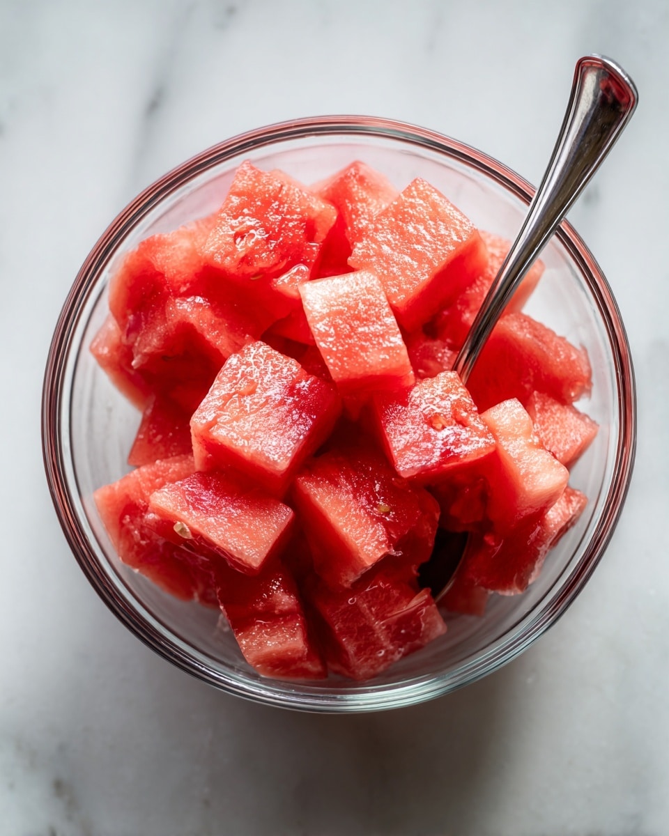 A clear glass bowl filled with bright red watermelon cubes, each piece showing a juicy and slightly shiny texture. The cubes are evenly cut and piled to form one visible layer inside the bowl. A metal spoon is partially buried among the watermelon, with its handle pointing to the right side of the image. The bowl sits on a white marbled surface with soft gray veins running through it. photo taken with an iphone --ar 4:5 --v 7