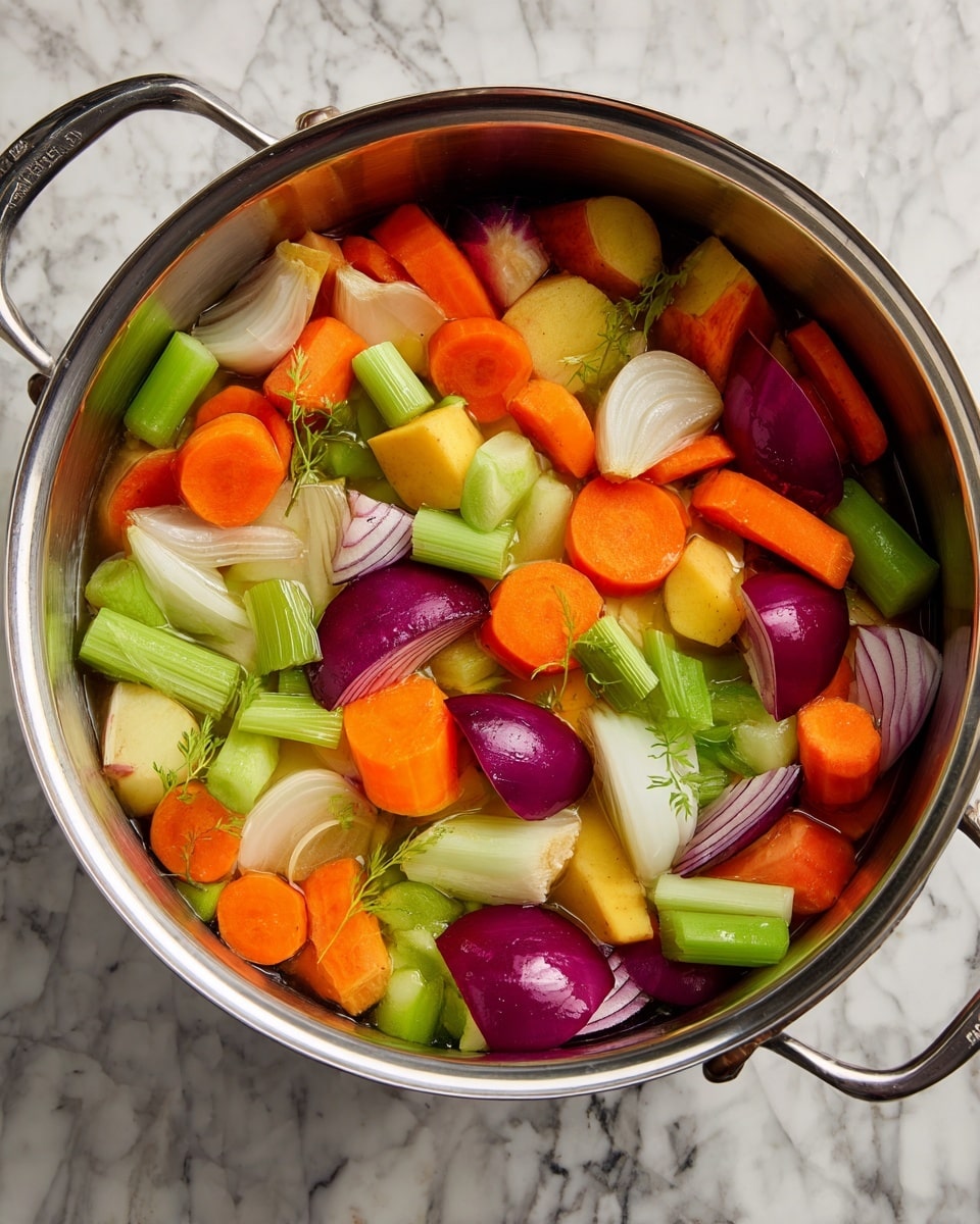 A large silver pot filled with a mix of sliced vegetables including orange carrots, green celery, white onions, and pieces of purple and yellow root vegetables. The vegetables are mixed together inside the pot, creating a colorful and fresh look. The pot sits on a white marbled surface, enhancing the colors of the vegetables. Photo taken with an iphone --ar 4:5 --v 7