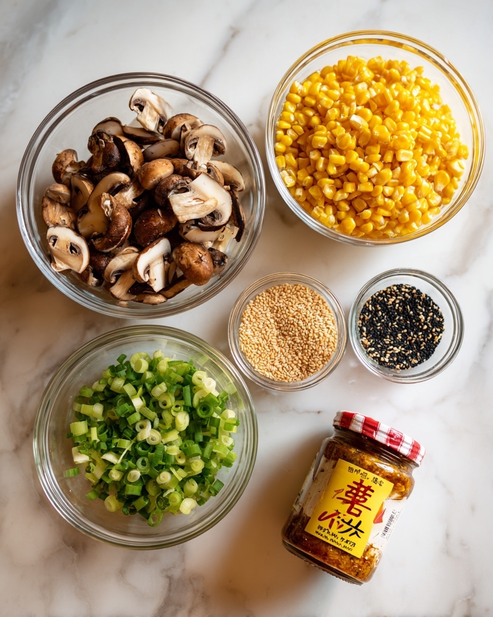 The image shows four clear glass bowls and one small glass jar arranged on a white marbled surface. The largest bowl contains sliced brown mushrooms and chopped green onions, with the mushrooms taking up half the bowl on the top left and the green onions on the bottom right. Above that bowl, there is a medium glass bowl filled with bright yellow corn kernels. To the right of the corn is a small glass bowl holding a mix of black and light brown sesame seeds. Below and to the right of the sesame seed bowl is a small glass jar with a red and white lid, filled with a brown paste and a yellow label featuring red and black Japanese text. The arrangement is neat and evenly spaced. Photo taken with an iphone --ar 4:5 --v 7
