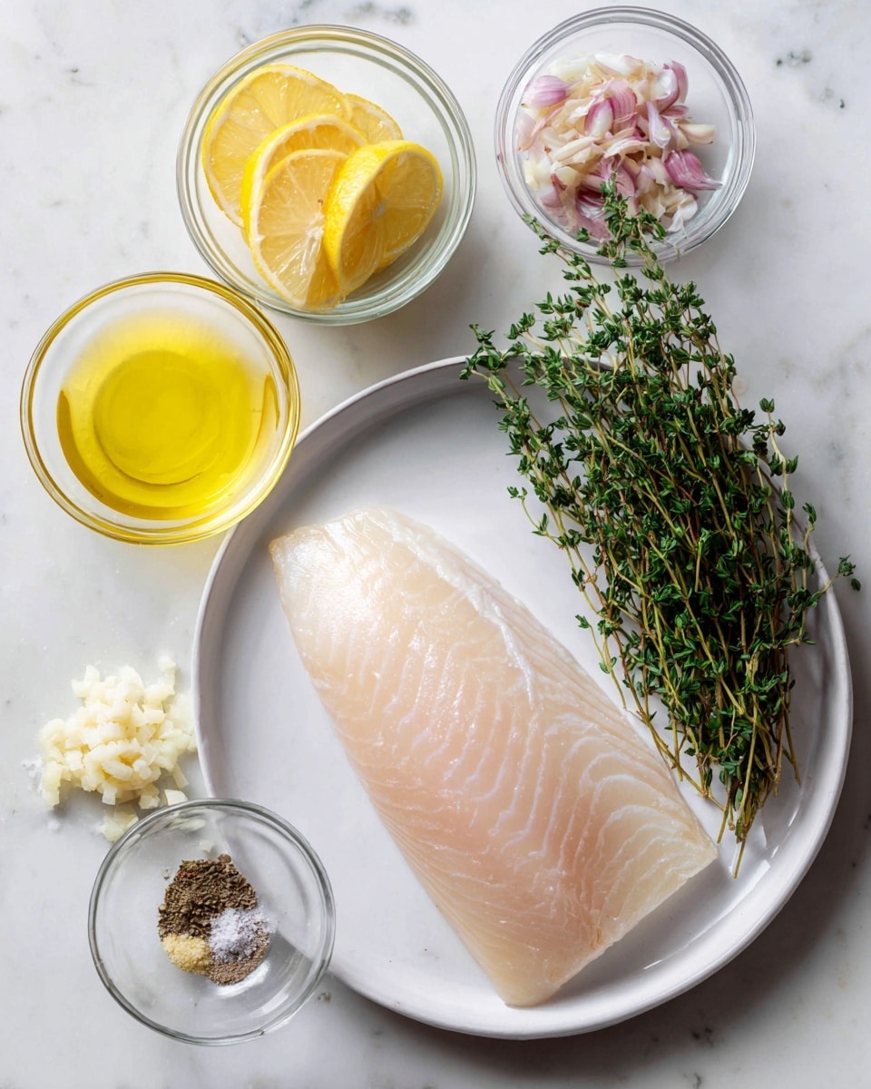 A large piece of raw white fish fillet lies on a white plate beside a small bunch of fresh green thyme. Surrounding the plate on a white marbled surface are four small glass bowls: one filled with melted yellow butter, another with thin lemon slices showing bright yellow edges and a pale yellow center, a third containing finely chopped shallots and a small piece of minced garlic, and the last holding a mix of coarse salt and ground black pepper. The colors are soft and natural, with the fish showing light pinkish-white flesh and the herbs and other ingredients adding fresh green, yellow, and light purple hues. Photo taken with an iphone --ar 4:5 --v 7