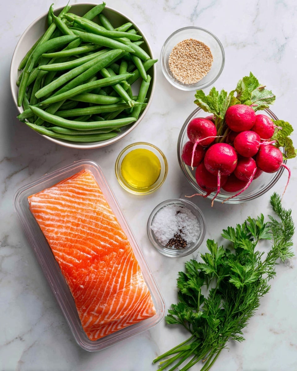 The image shows fresh ingredients placed on a white marbled surface. There is a clear plastic container holding a bright orange piece of salmon with visible white lines. Above the salmon, there is a small clear glass bowl with light yellow oil. To the right of the oil, a small clear bowl holds white salt and black pepper. Next to it, a fresh green parsley sprig lies on the surface. Above the salmon, a small glass bowl contains a coarse grain mustard. On the top right, a clear round glass bowl is full of bright red radishes with some green leaves attached. On the top left, a large white bowl holds fresh, long green beans. photo taken with an iphone --ar 4:5 --v 7