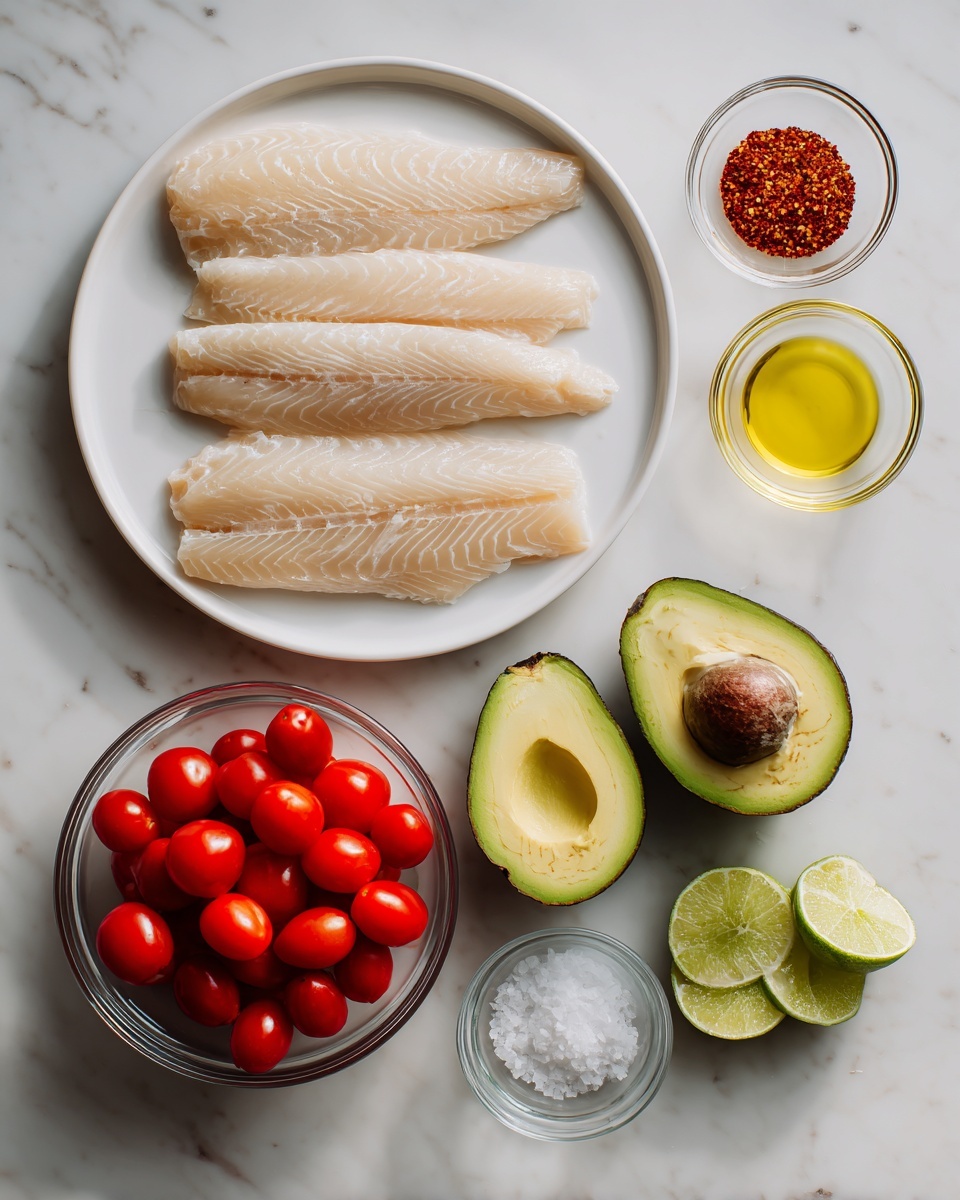The image shows a flat lay of fresh ingredients on a white marbled surface. In the top left, a white plate holds four light beige fish fillets with soft, visible lines and a slightly translucent texture. To the right, two small clear glass bowls contain a red spice mix and a pale yellow oil. Below, a clear glass bowl is filled with bright red cherry tomatoes that look smooth and shiny. Next to it, two avocado halves reveal their green, creamy flesh, one with the dark brown seed inside. Below them, two lime halves show a bright green color with a juicy texture. Finally, two small clear glass bowls sit at the bottom, one holding coarse white salt and the other a yellowish oil, all items spaced neatly on the white marbled surface. Photo taken with an iphone --ar 4:5 --v 7