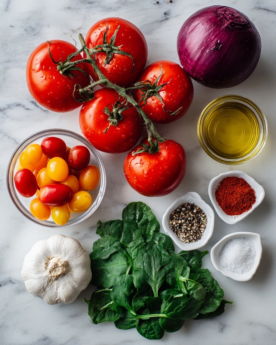 The image shows fresh ingredients laid out on a white marbled surface. There are five bright red tomatoes on a green vine placed near the top center. Below them is a large purple onion with a slightly rough texture. To the left, a clear plastic container holds a mix of small red, yellow, and orange cherry tomatoes. On the right side, fresh green spinach leaves are arranged next to a small white dish holding four sections of spices: red chili powder, black pepper, white salt, and red pepper flakes. Below the spinach is a whole white garlic bulb, slightly textured but smooth, and next to it is a glass container filled with golden yellow olive oil. Photo taken with an iphone --ar 4:5 --v 7