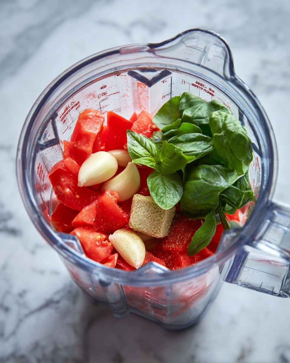 A clear blender container placed on a white marbled surface holds several fresh ingredients layered together: bright red tomato pieces form the bottom layer, topped with whole peeled garlic cloves that are pale yellow. Above the garlic lies a small light brown cube of seasoning, and fresh green basil leaves sit on top, adding a vibrant touch of green to the mix. The blender is transparent with measurement marks visible on the sides, showing the ingredients clearly inside photo taken with an iphone --ar 4:5 --v 7