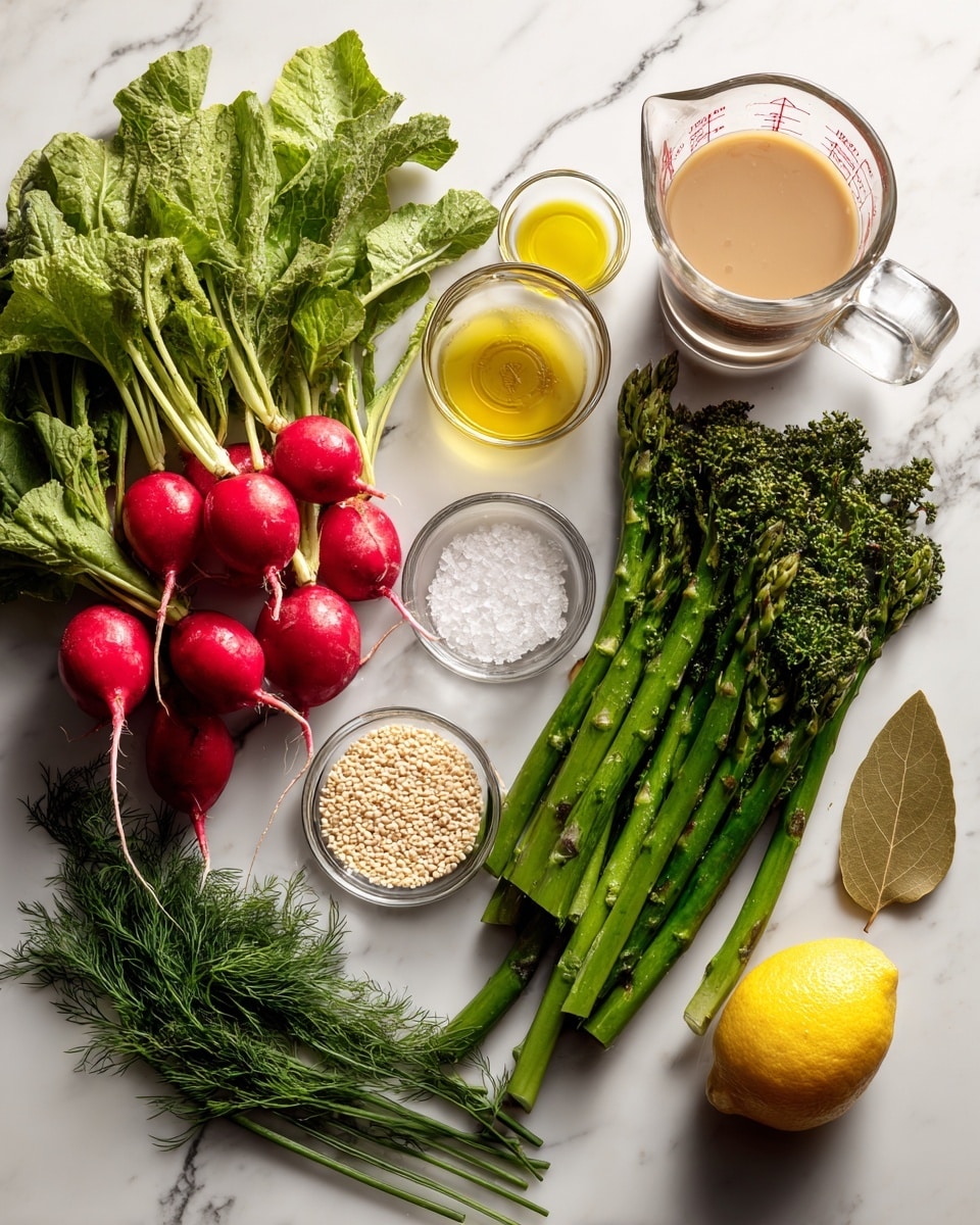 The image shows fresh ingredients laid out on a white marbled surface, including a bunch of red radishes with green leaves on the left, green asparagus stalks next to them, and broccolini on the right side. There are small clear glass bowls containing pale grains in the middle, a small bowl of yellow olive oil, a small bowl of minced mustard, and another bowl with white salt. A clear glass measuring cup holds a light brown liquid broth near the top right, next to two sprigs of fresh green dill and some green chives. Half a lemon sits at the bottom right corner, with another half close to the mustard bowl. A single bay leaf lies near the measuring cup. Photo taken with an iphone --ar 4:5 --v 7