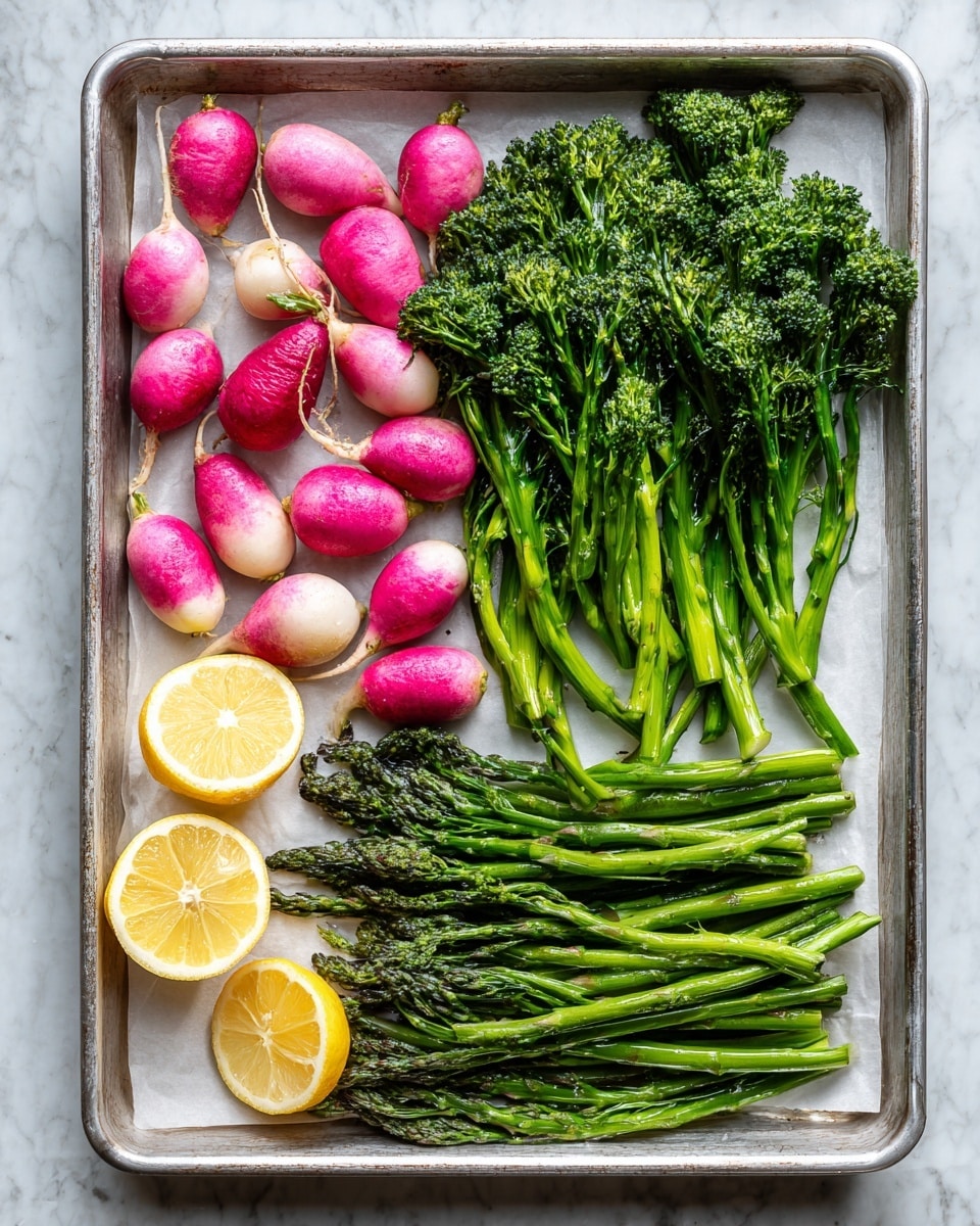 The image shows a silver baking tray lined with white parchment paper, placed on a table with a white marbled texture. On the tray, there are three different vegetables arranged in rows: on the left are whole pink and white radishes with a slight shine, grouped together; in the middle, a bunch of green broccolini with small florets and long stems spread out; on the right, green asparagus cut into shorter pieces with pointed tips. At the bottom left and bottom right corners of the tray, there are two lemon halves with visible juice sacs and bright yellow rind. The overall colors contrast between the pink radishes, deep green vegetables, and bright lemon. photo taken with an iphone --ar 4:5 --v 7