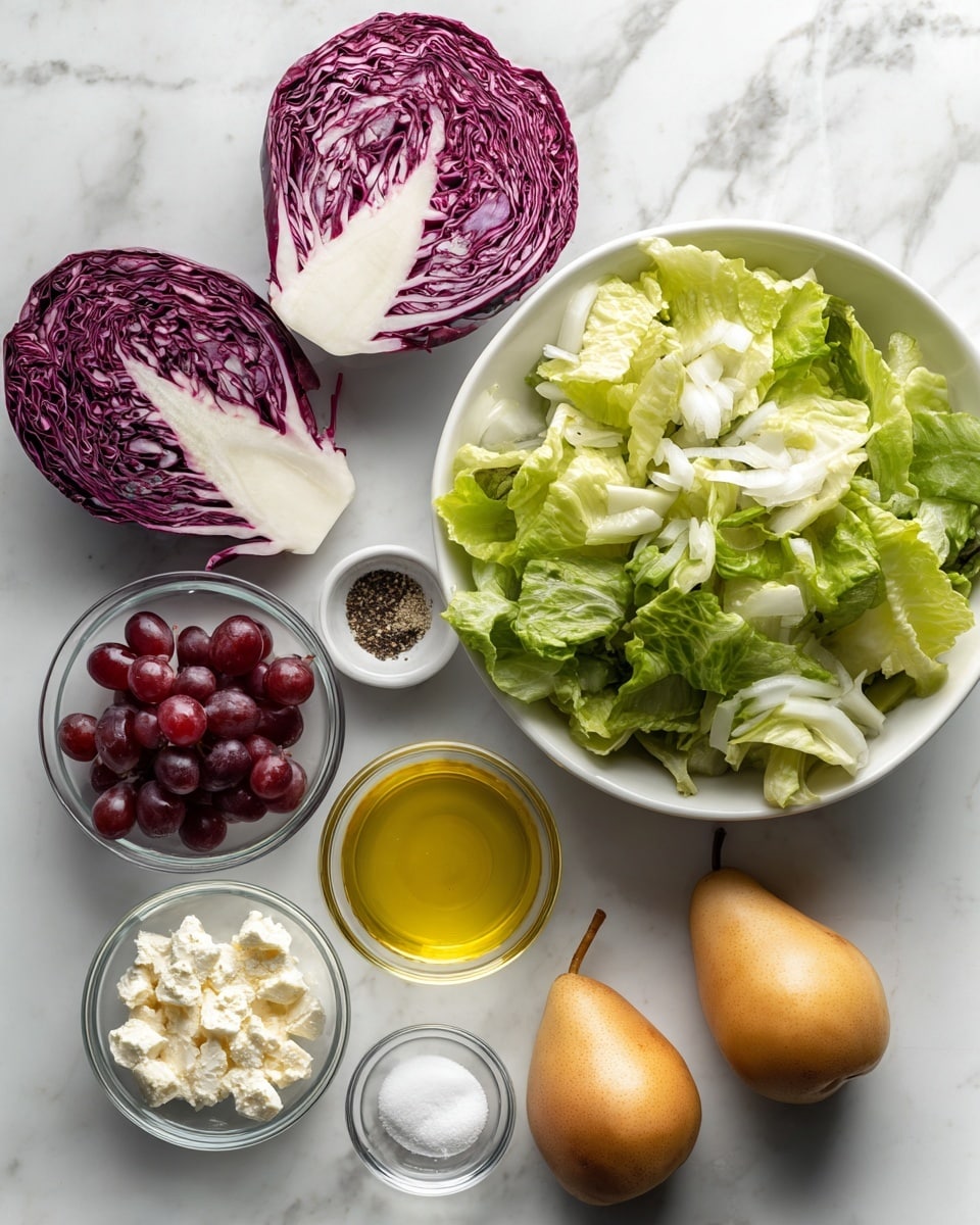 The image shows fresh ingredients laid out on a white marbled surface. On the right, there is a large white bowl filled with light and dark green leafy lettuce. Above and to the left of the bowl, there is a half of a red cabbage with white veins visible inside. Below the cabbage, several small clear glass bowls hold different items: red grapes in one bowl, golden olive oil in another, crumbled white cheese in the largest bowl, a small mix of salt and black pepper, whole grain mustard, a light brown liquid, and white granulated sugar. To the right of the bowls, three whole light brown pears are placed close together. photo taken with an iphone --ar 4:5 --v 7