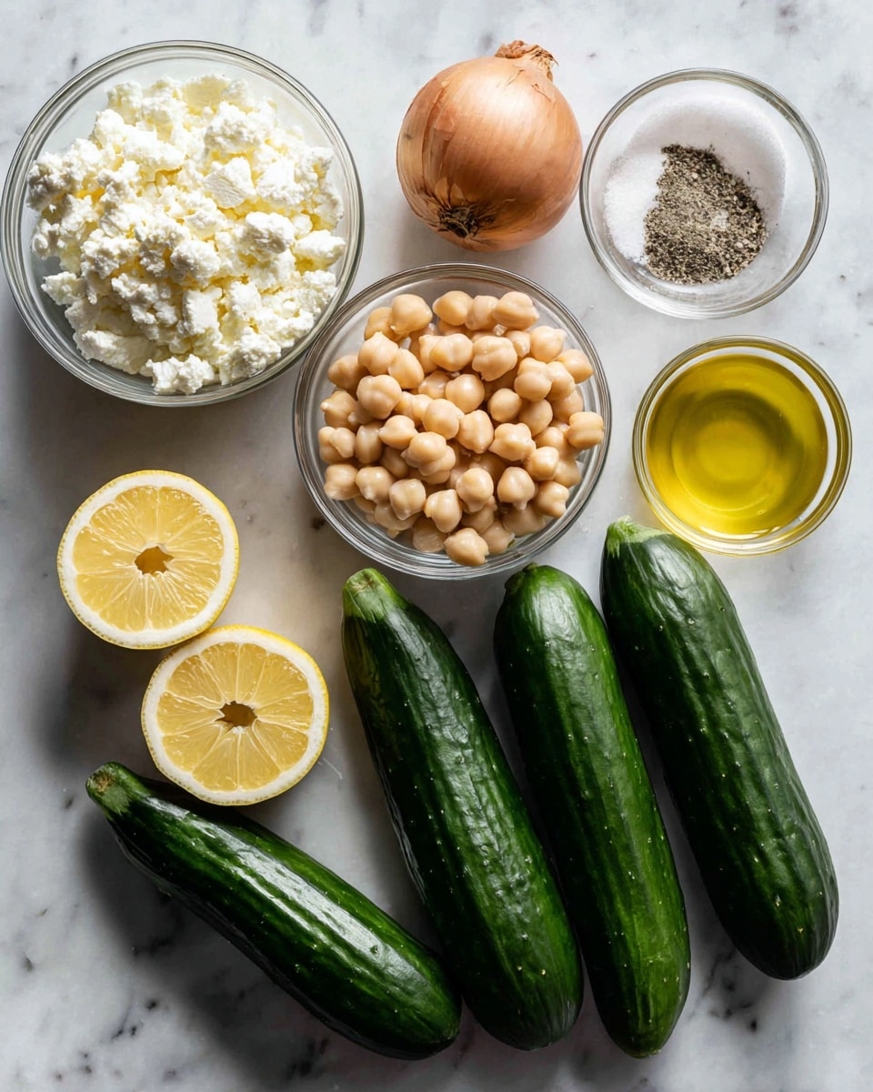 A white marbled surface shows six cucumbers placed on the right side, with their dark green shiny skins clearly visible. To the left, two lemon halves lie open, showing their yellow, juicy interiors. Above the lemons, there is a clear glass bowl filled with crumbly white cheese. Next to it, there is another clear bowl with round, pale beige chickpeas. Above the chickpeas, a single brown shallot with its skin on rests on the surface. To the right of the shallot, a small clear bowl contains golden olive oil, and next to it, another small clear bowl holds coarse salt and cracked black pepper mixed together. The overall arrangement is neat, and all the items have good lighting emphasizing their natural colors. Photo taken with an iphone --ar 4:5 --v 7