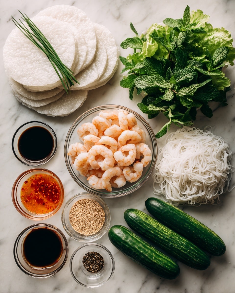 The image shows fresh cooking ingredients laid out on a white marbled surface. There is a stack of round, white rice paper wrappers sitting on their packaging at the top left. A small bunch of green chives rests across the rice papers. In the center, a glass bowl is filled with light pink cooked shrimp. To the right of the shrimp, there is a pile of uncooked white rice noodles next to three dark green cucumbers. A glass bowl full of leafy green lettuce is near the top right. At the bottom left, fresh green mint and cilantro leaves are placed next to small glass bowls containing dark brown soy sauce, a light brown peanut sauce, orange sweet chili sauce, clear liquid vinegar, and a mix of white and black sesame seeds. photo taken with an iphone --ar 4:5 --v 7